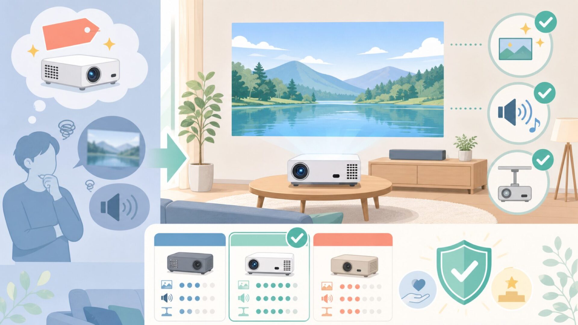 画質・音響・設置のしやすさで見る機能面を表すイラスト
