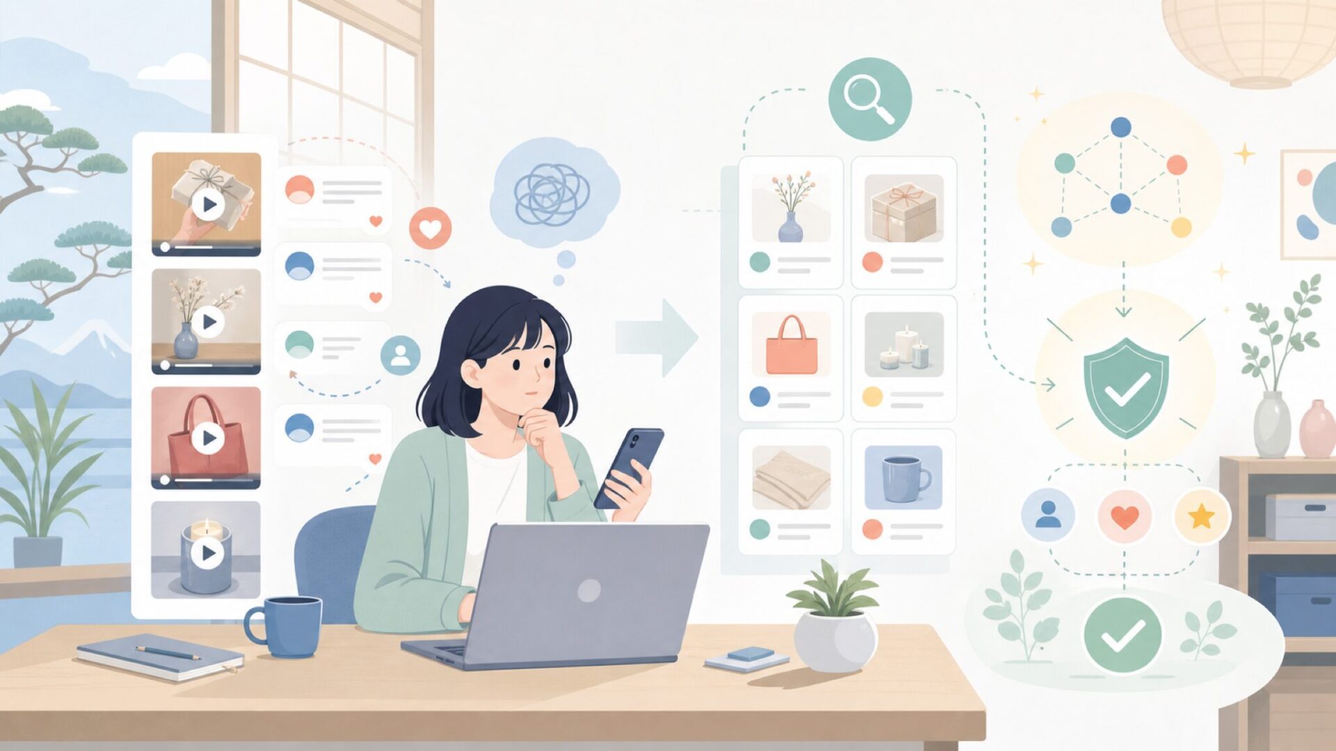 SNSやショート動画で広がる「My Favorite Things クラフト」の使われ方を表すイラス
