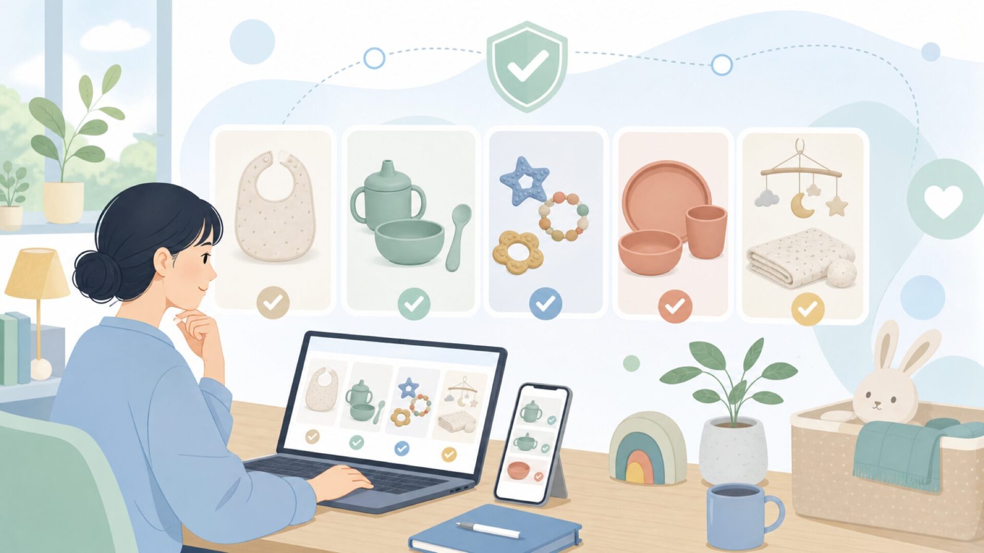 Mushieの代表的なベビー用品ラインアップを表すイラスト