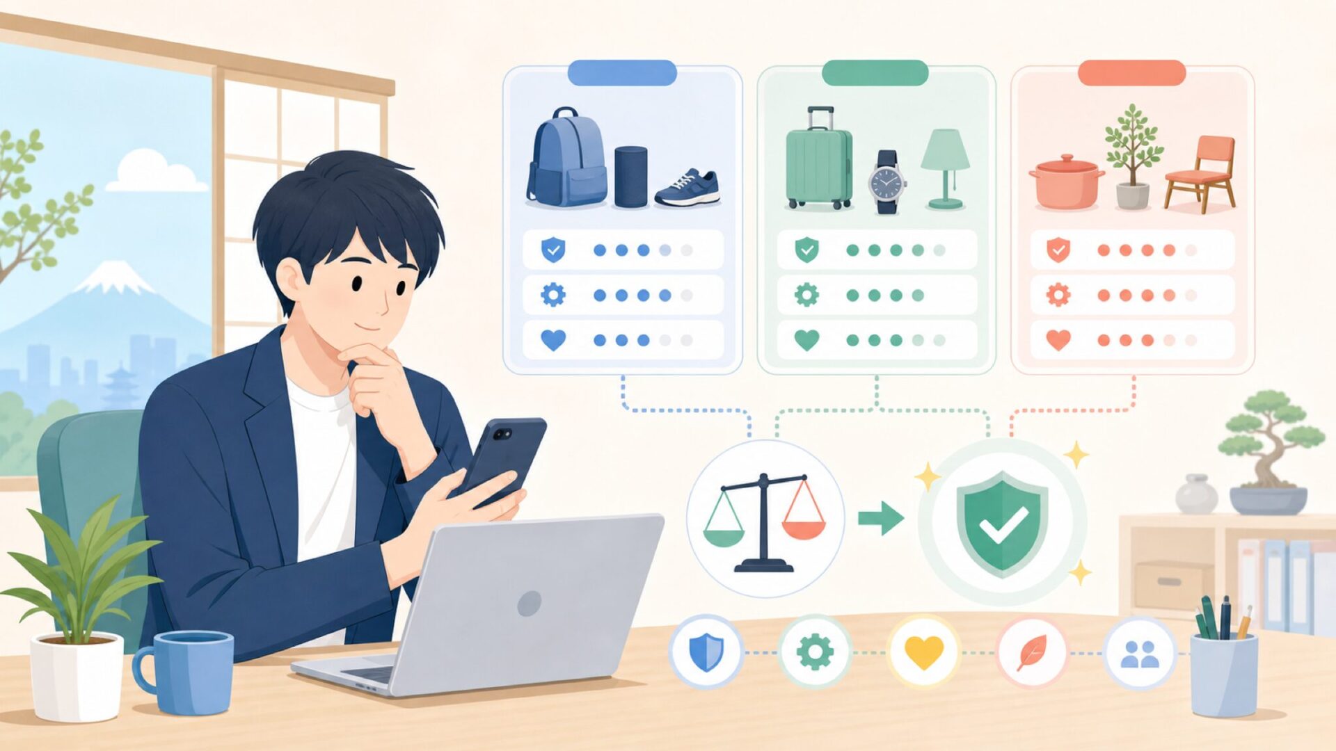 アメリカ発ブランドとドイツ・日本ブランドとの違いを表すイラスト