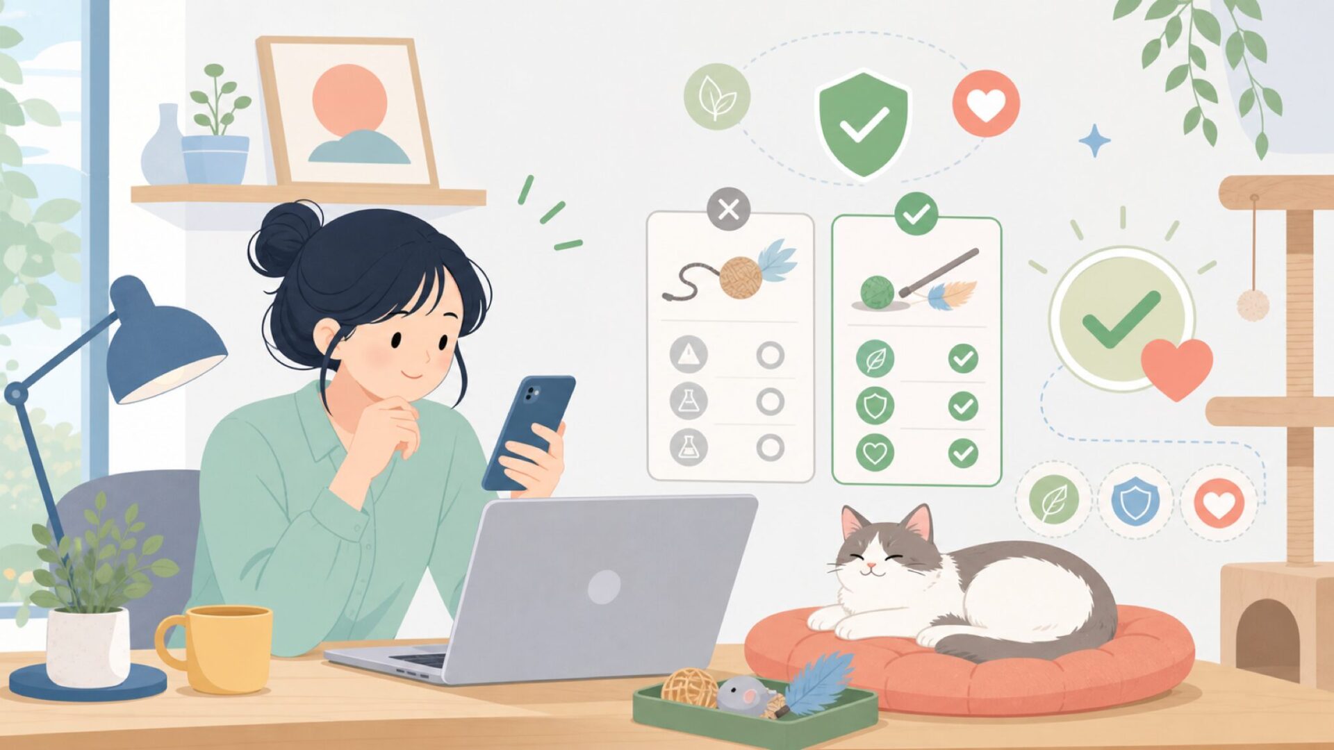 愛猫に与えても安全？素材と遊び方の特徴を表すイラスト