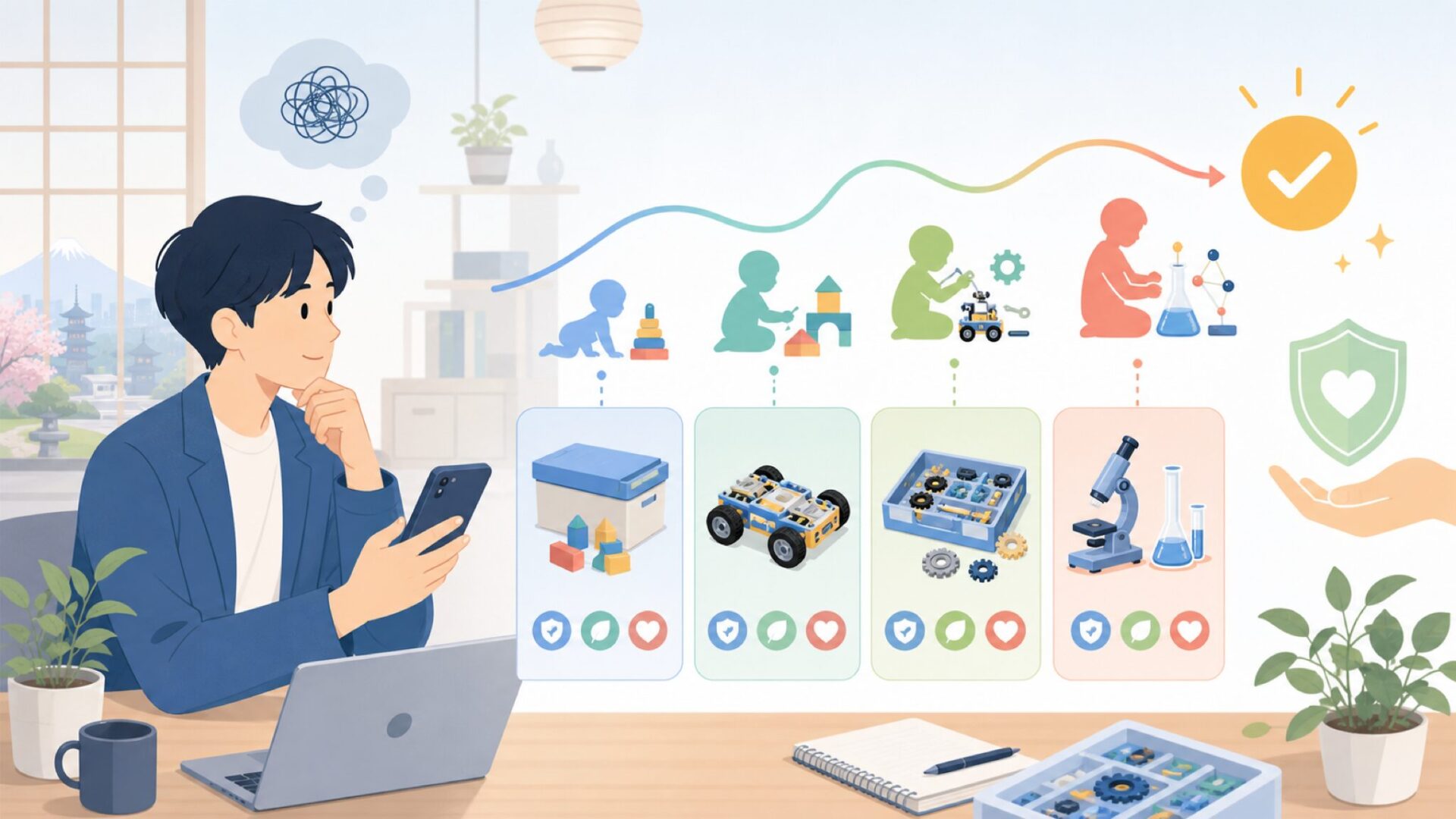 代表的な商品ラインナップと年齢別の選び方を表すイラスト