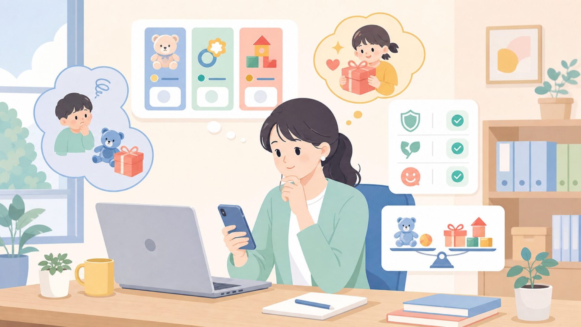 子ども用・プレゼントに選ぶときのチェックポイントを表すイラスト