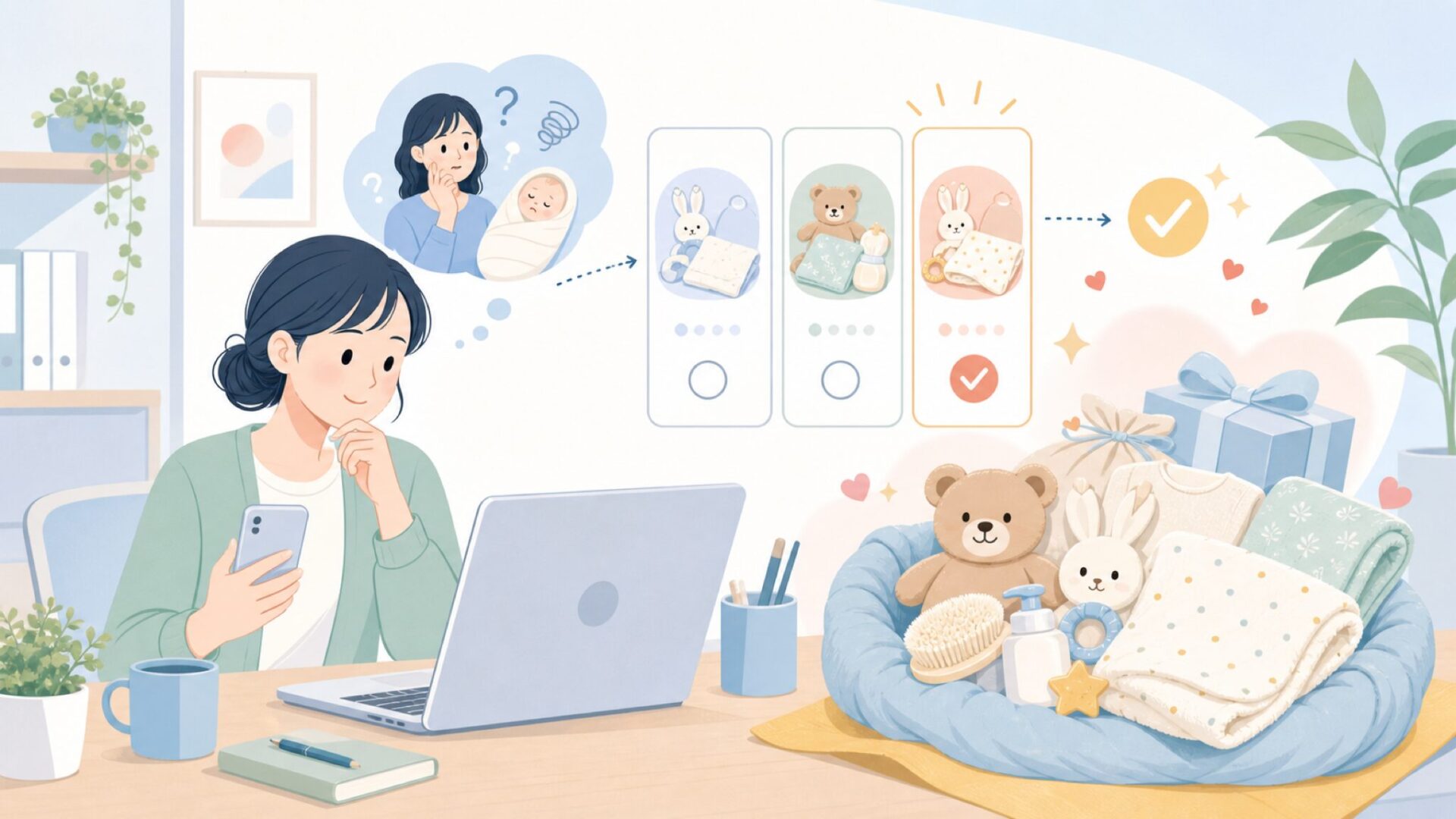 出産祝いのギフトとして選ぶポイントを表すイラスト