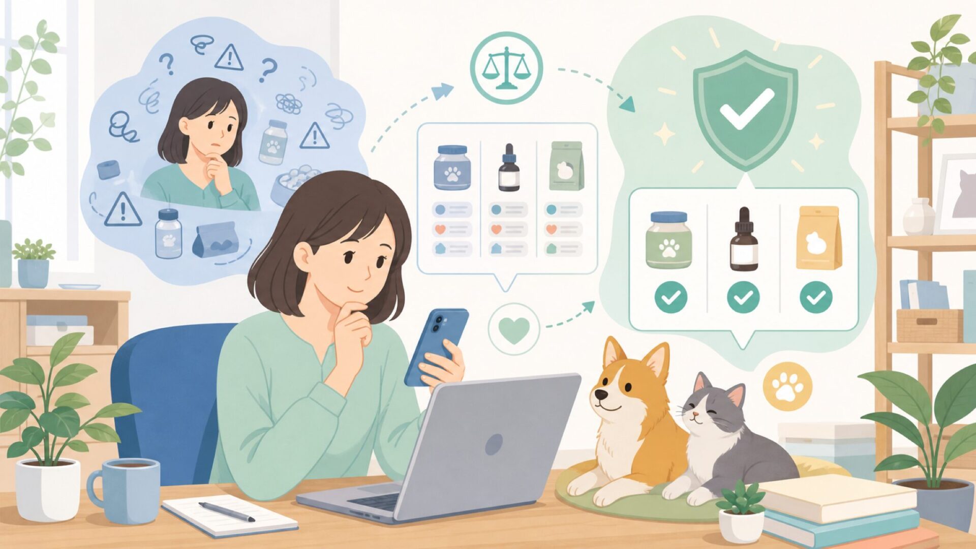 愛犬・愛猫に合うNaturVetの選び方と購入時のポイントを表すイラスト