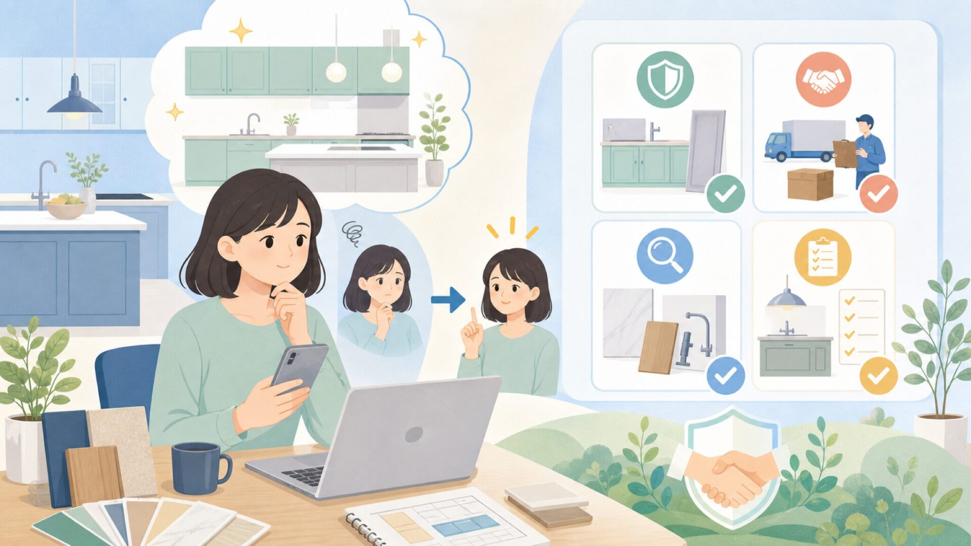輸入キッチンとして検討する際に押さえておきたい注意点を表すイラスト