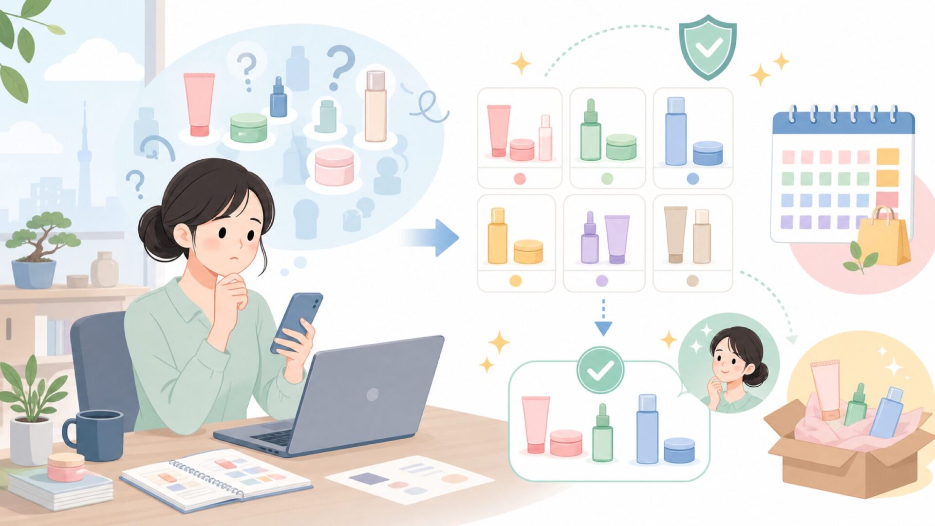 初めてでも失敗しないWAKEMAKE商品選びとお得な買い方を表すイラスト