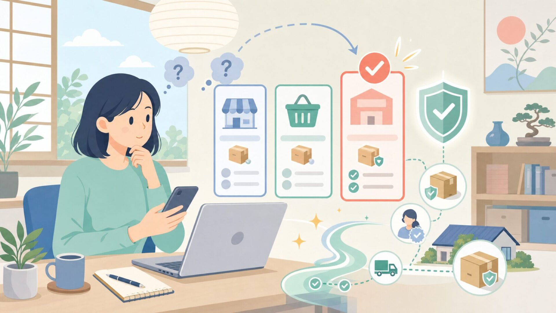 Pestloを安心して買うための購入先チェックを表すイラスト
