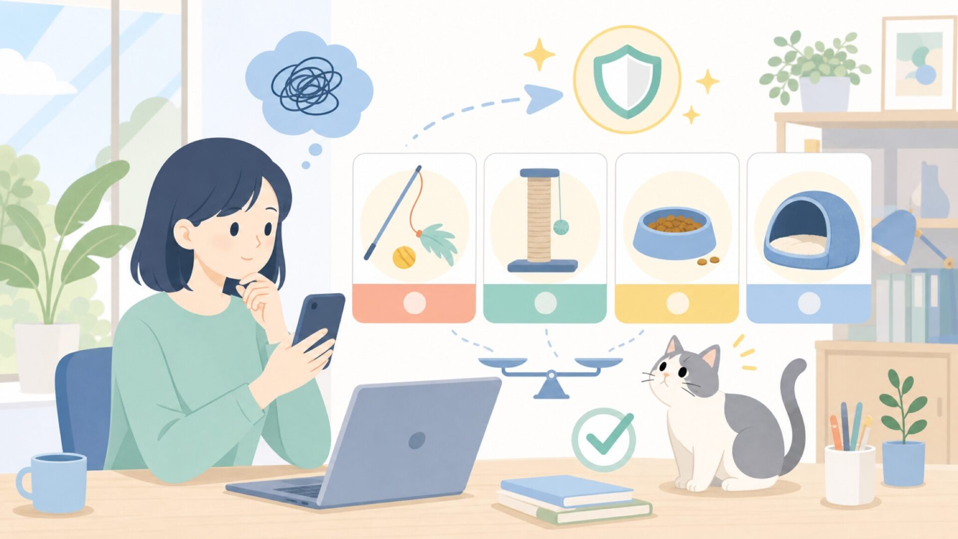 猫用アイテムで人気のカテゴリと選び方を表すイラスト