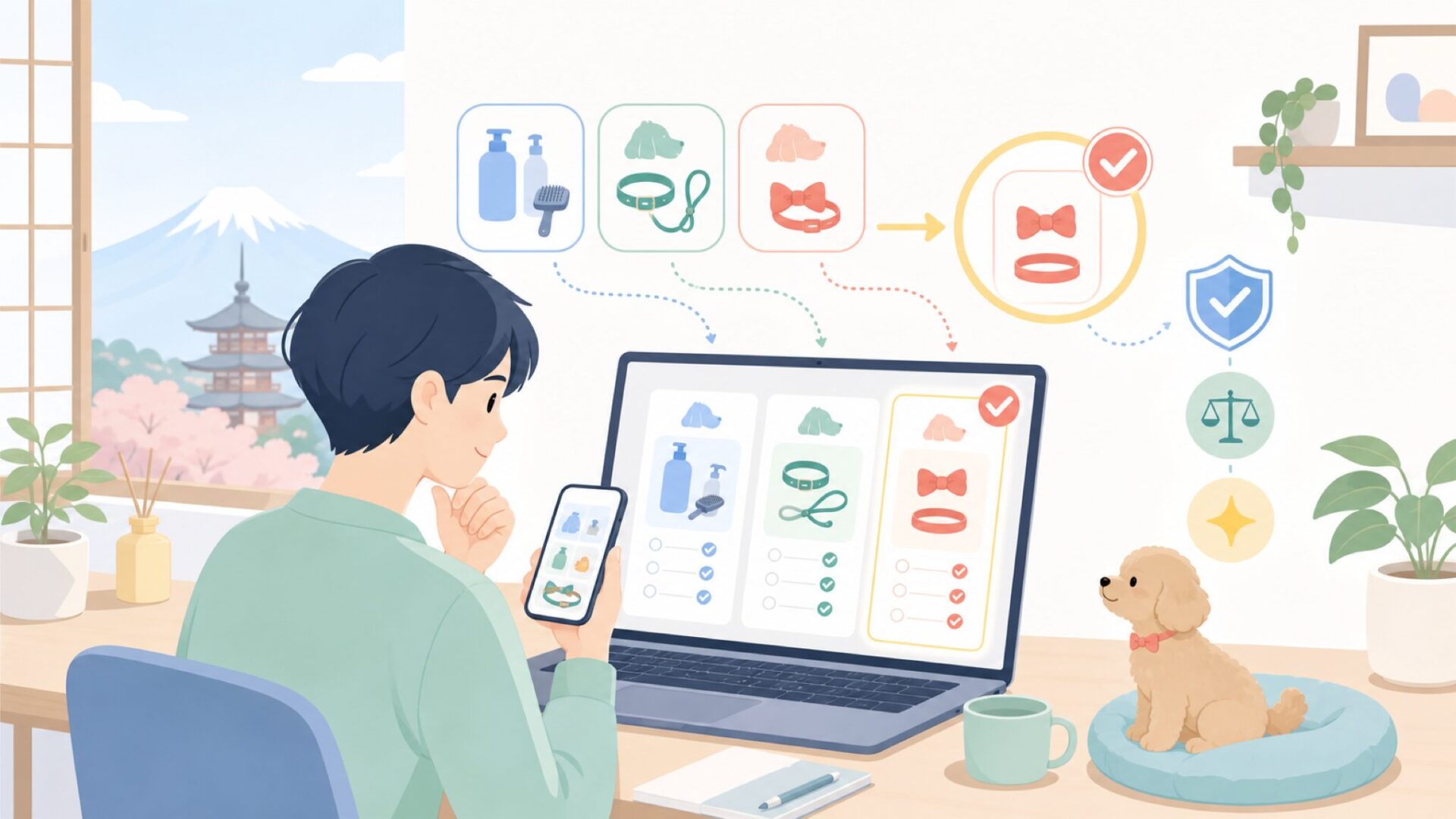 Animologyと他の海外ペットブランドとの比較で選ぶ基準を表すイラスト