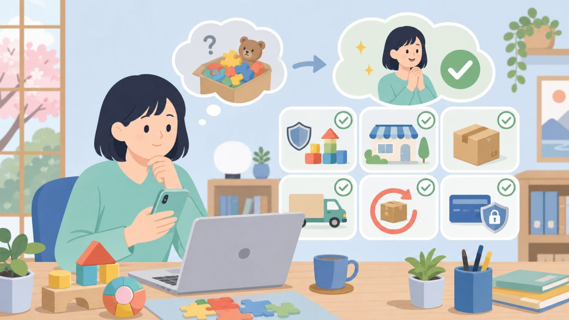 MindWareのおもちゃを日本で安心して購入する方法を表すイラスト