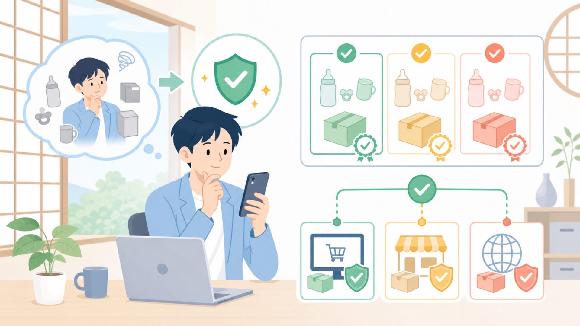 MAMの正規品はどこで買える？販売ルートの見分け方を表すイラスト