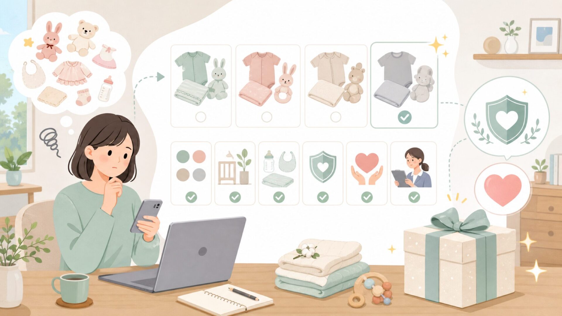 出産祝いとして選ぶときに押さえたいポイントを表すイラスト