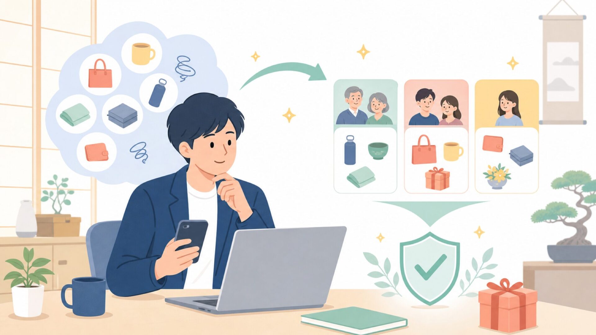 ギフト選びで迷わないために——月齢別・シーン別おすすめ商品ガイドを表すイラスト