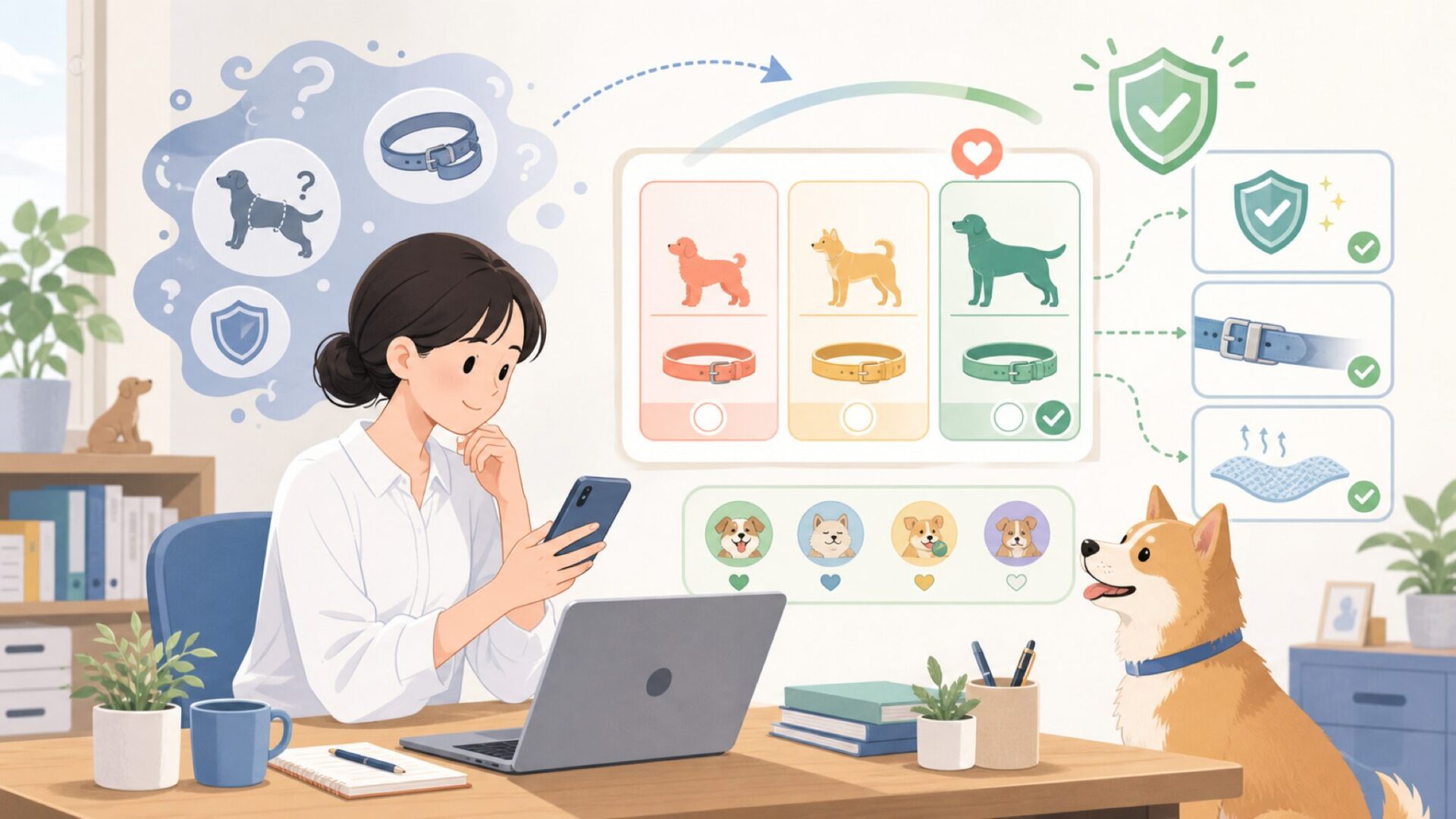 愛犬の体格・性格に合わせたサイズと安全性の見極め方を表すイラスト