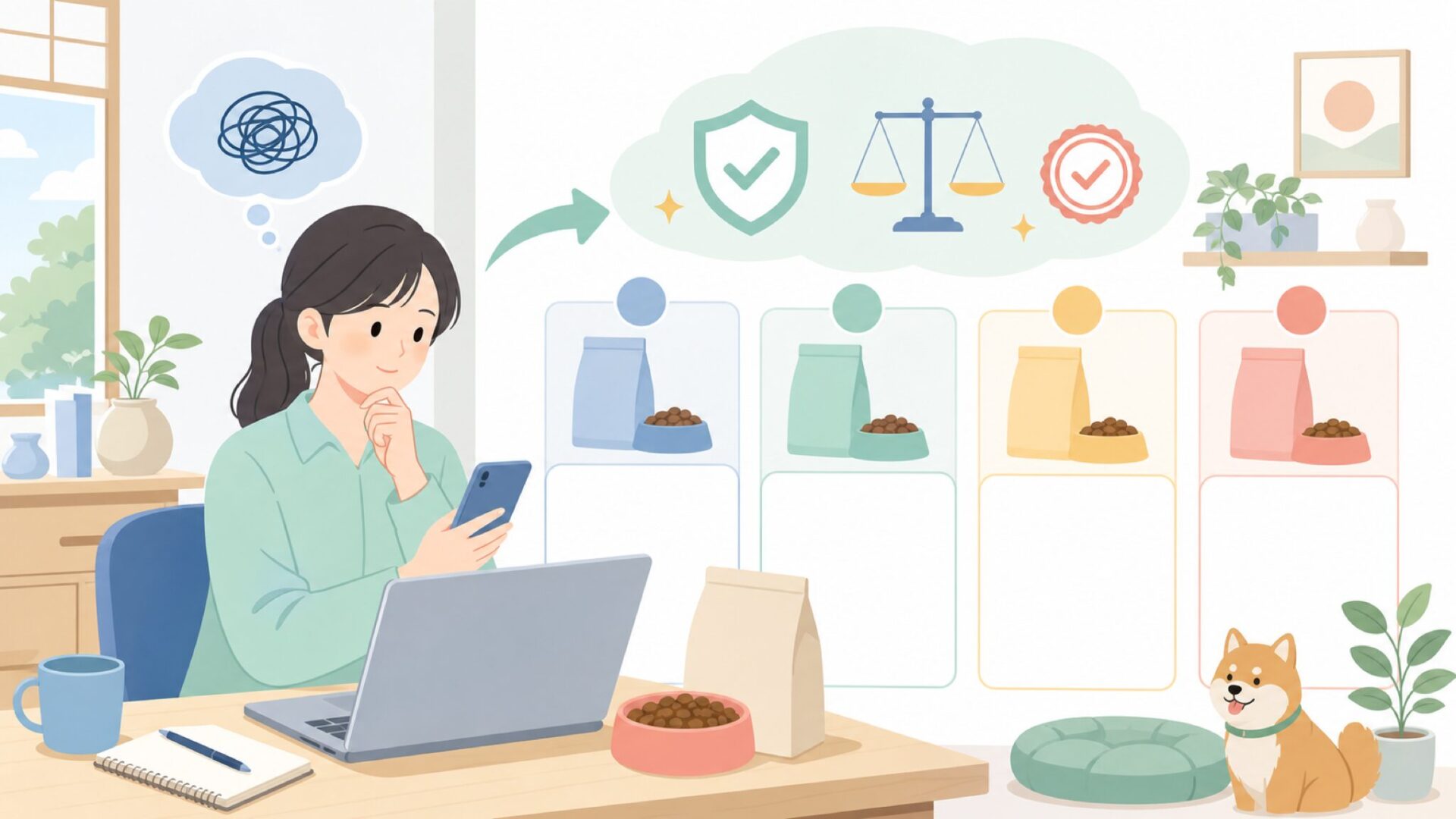不安なら比較したい国産ドッグフード・代替ブランド4選を表すイラスト