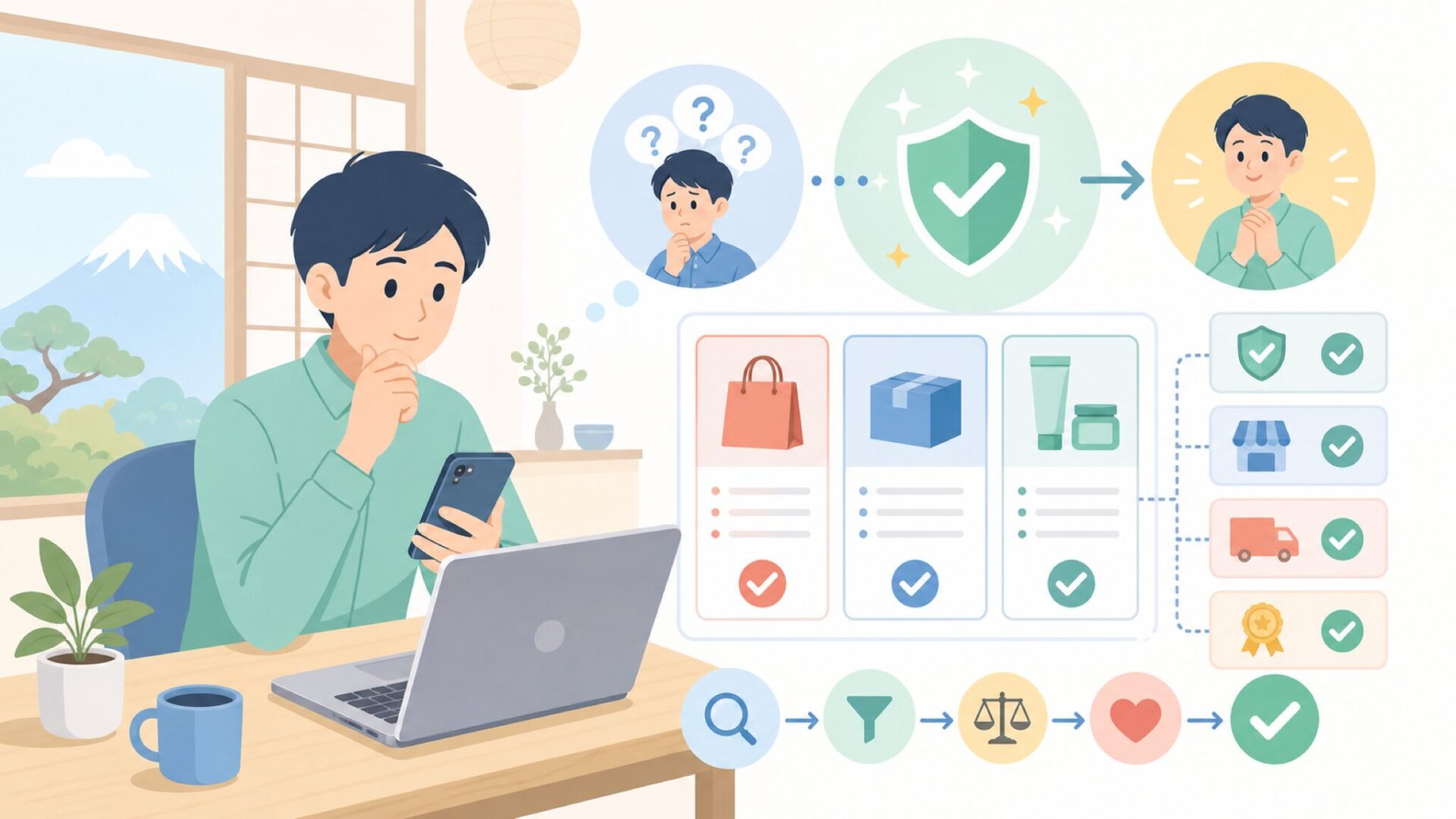 購入前に確認したい注意点とおすすめの探し方を表すイラスト