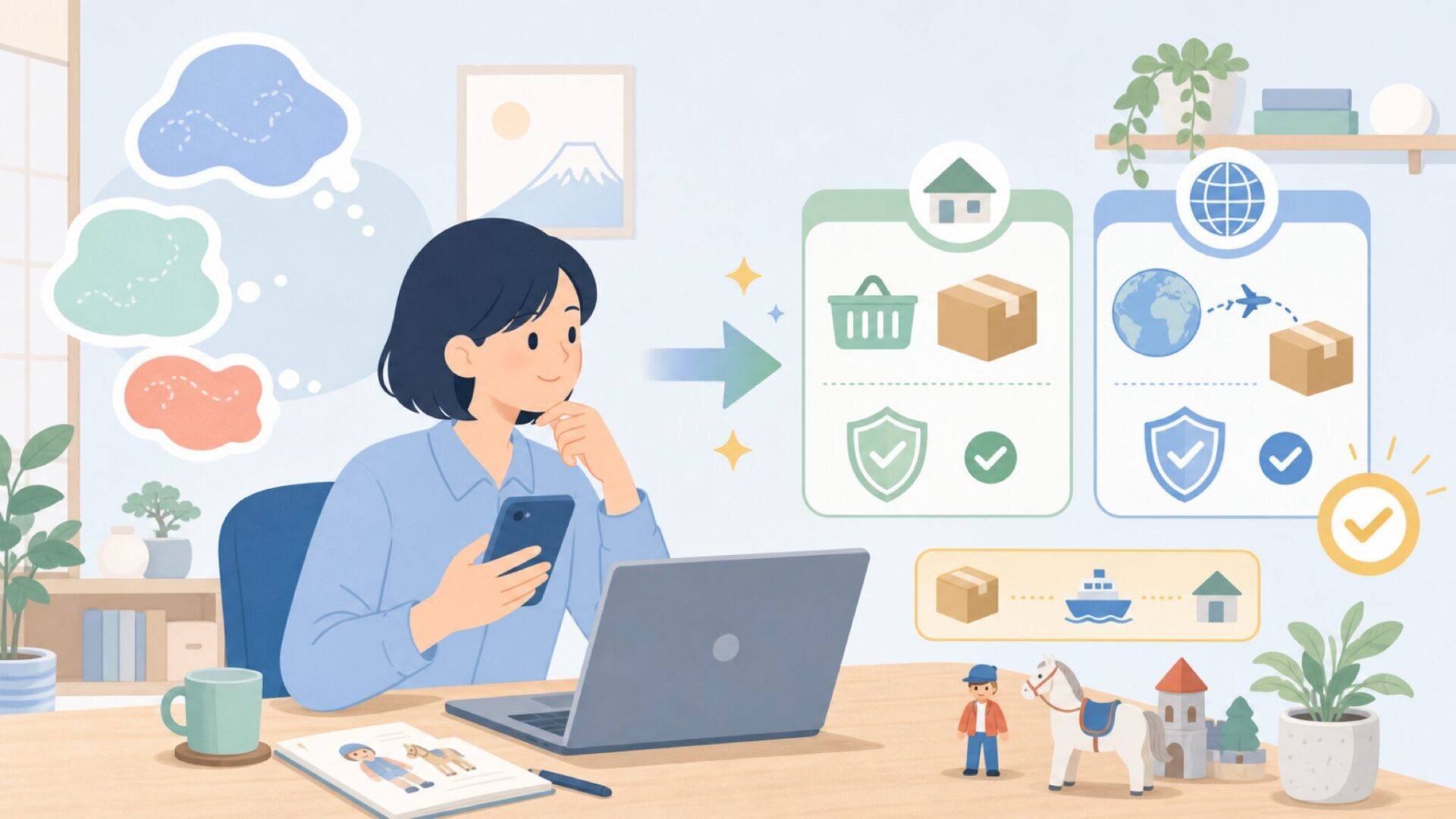 日本からプレイモービルを購入する方法を表すイラスト