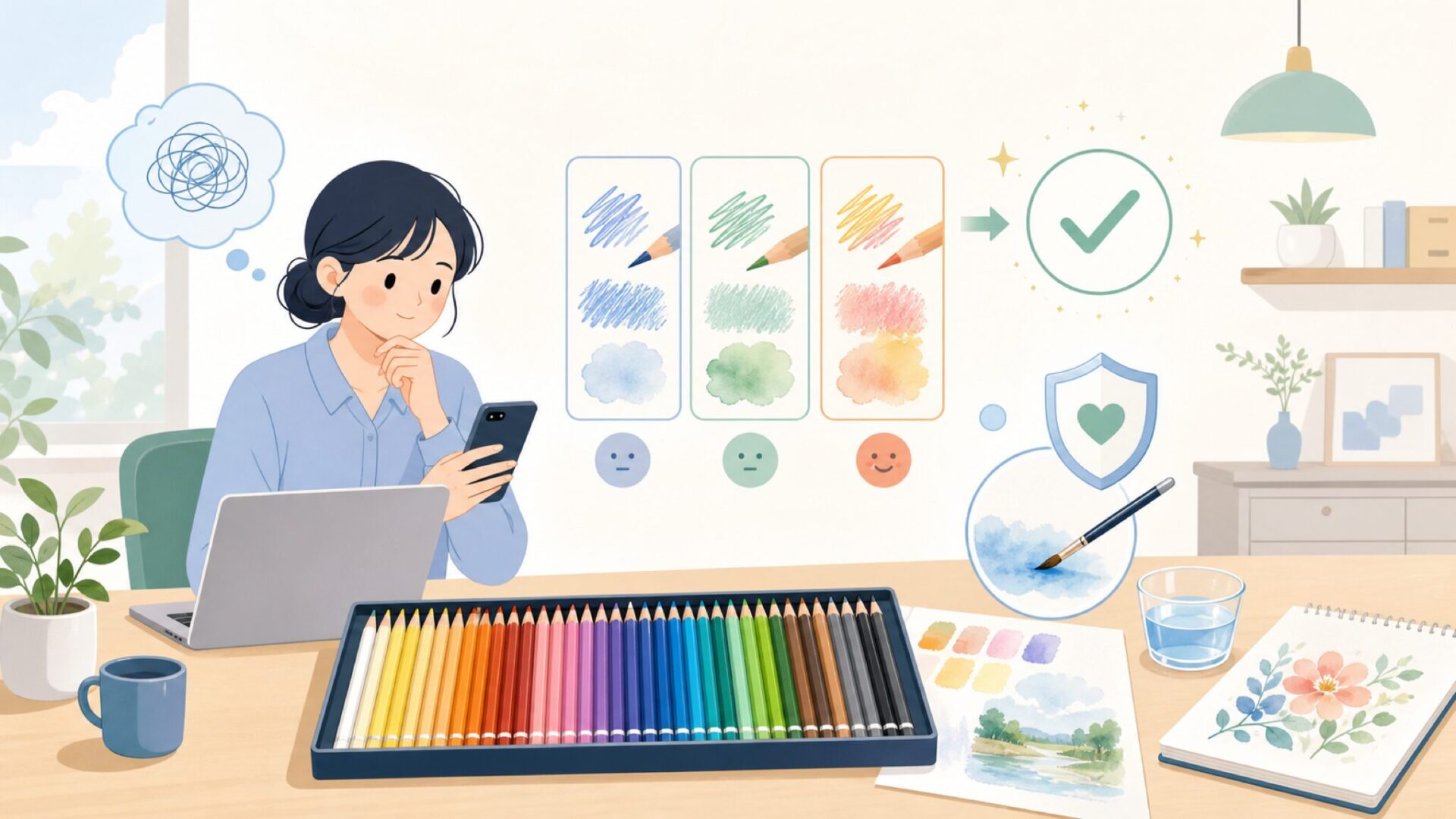 水彩色鉛筆36色セットで広がる表現の幅を表すイラスト