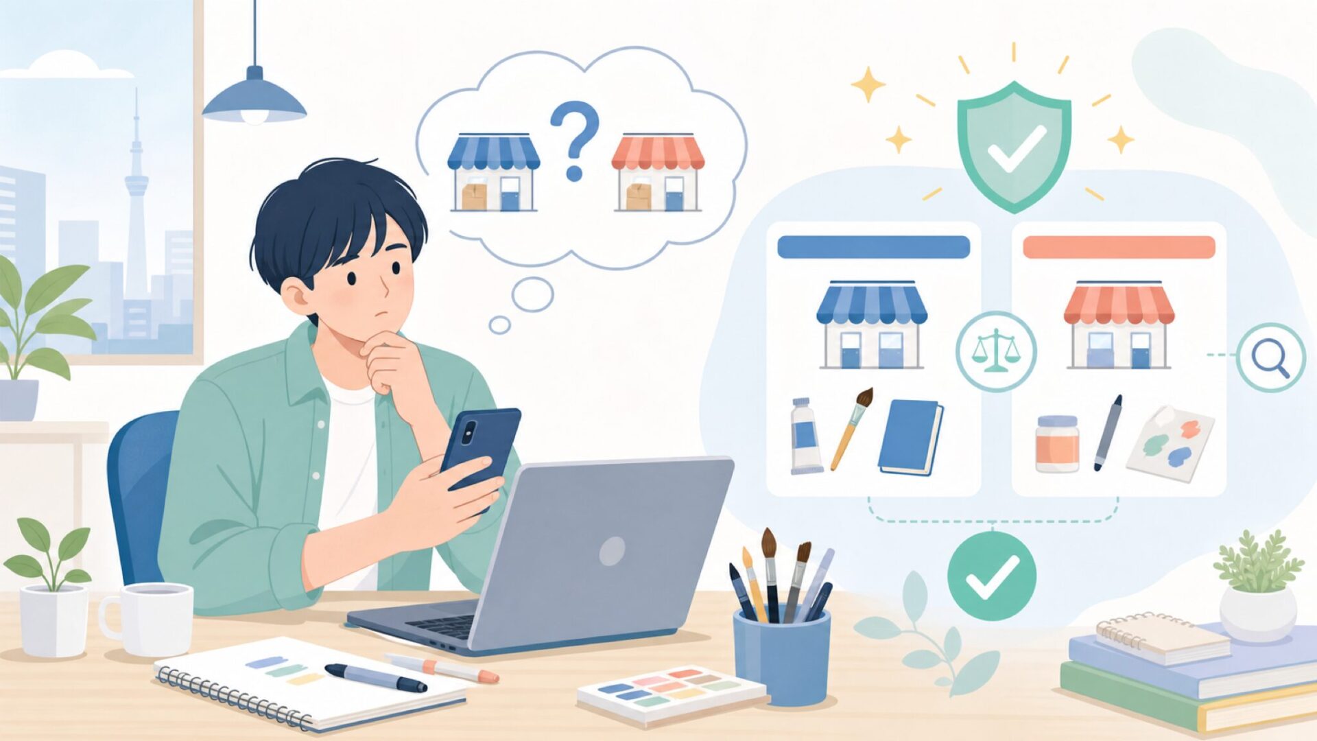 BLICKなど他の海外画材店と混同していないかを表すイラスト