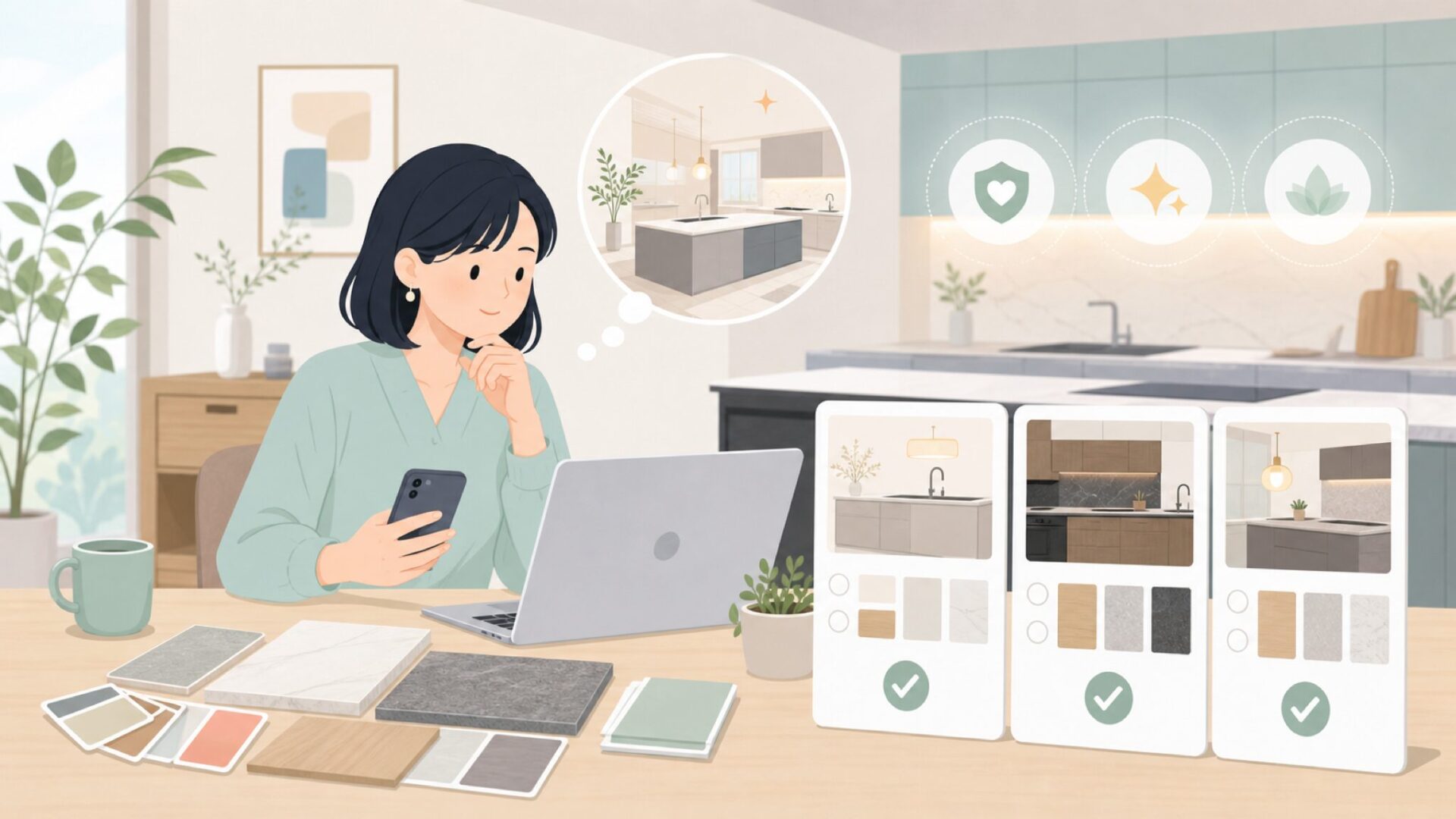 高級感のあるキッチンに仕上げるための実践ポイントを表すイラスト