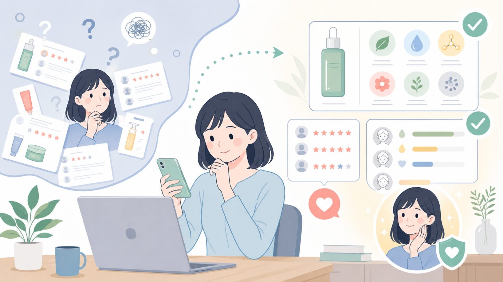 成分や口コミは信じていい？購入前に確認したい注意点を表すイラスト