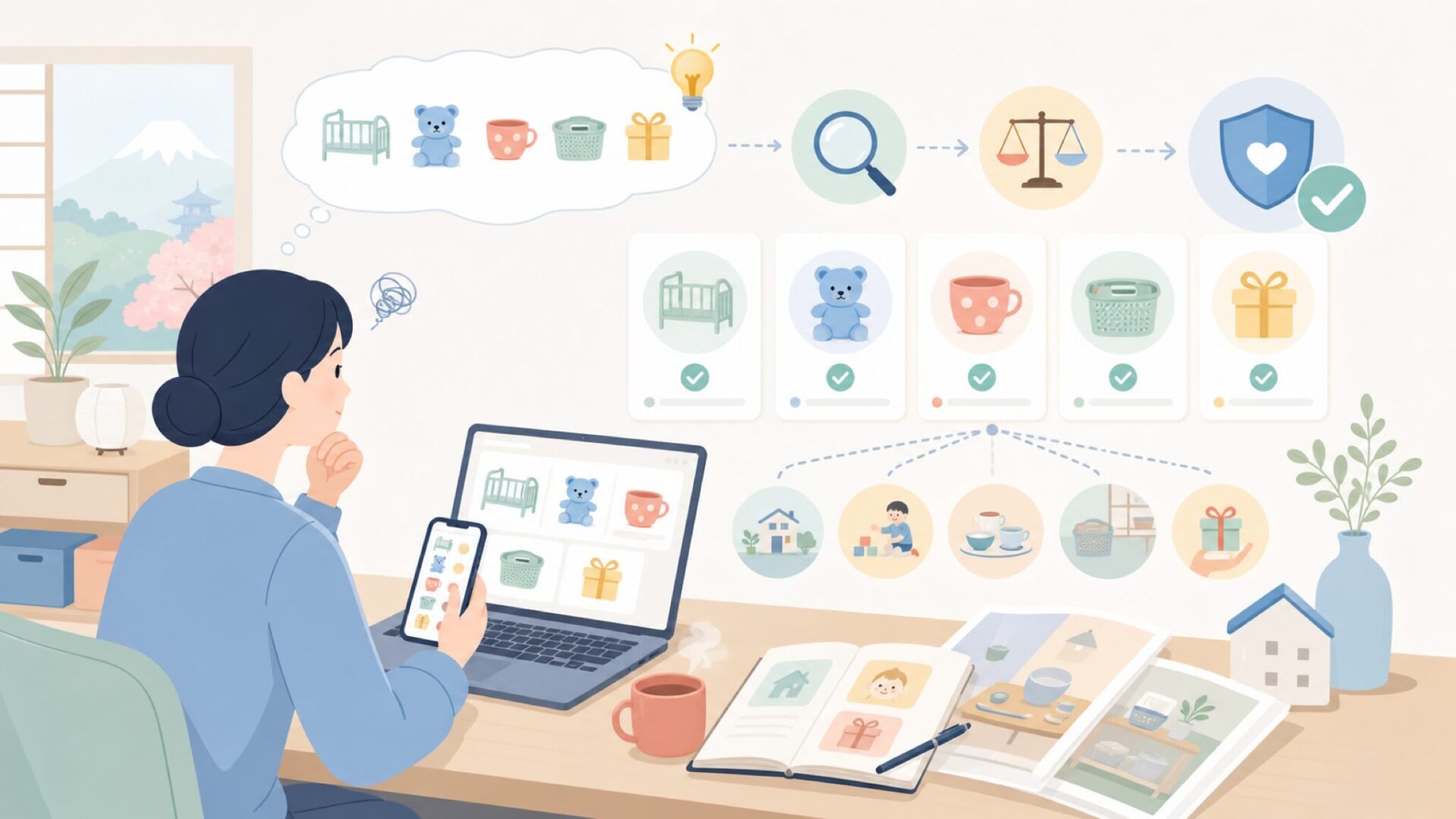 OYOY Miniの商品ラインと使い方──何が買えて、どんな場面に合うかを表すイラスト