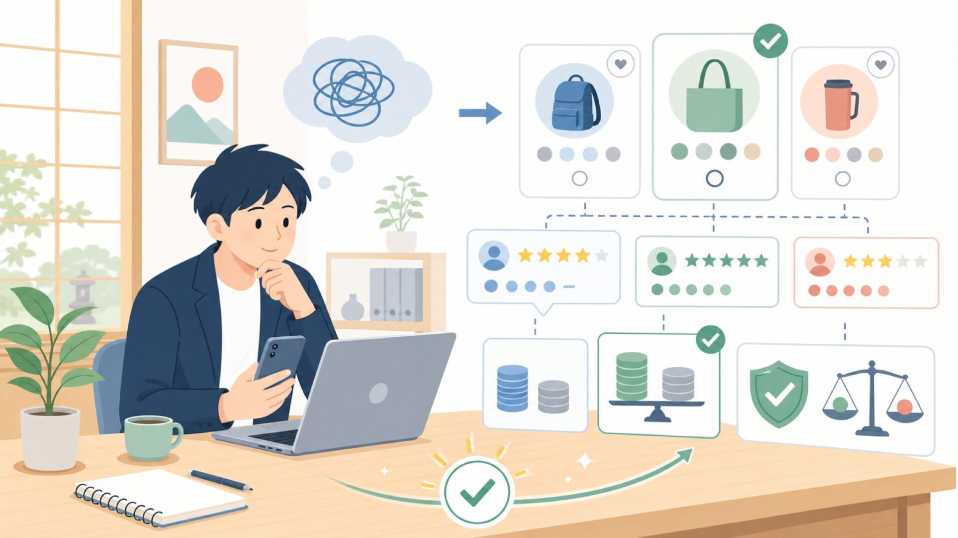 価格とレビューから見る購入前のチェックポイントを表すイラスト