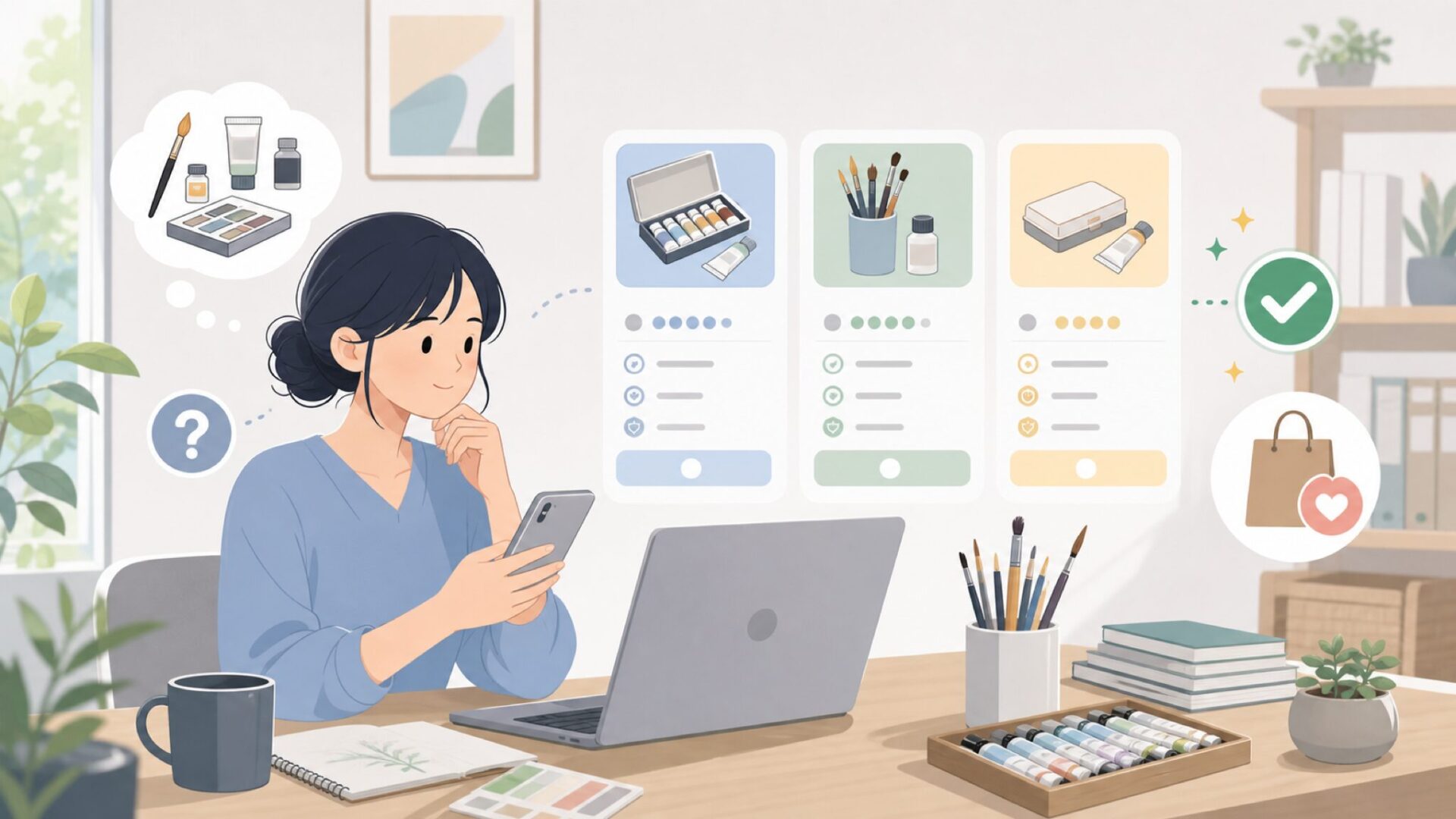 購入前に知っておきたい価格・購入先と選び方を表すイラスト