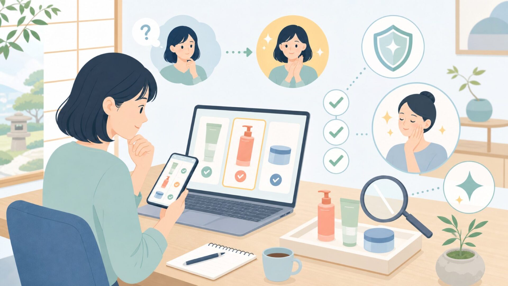 購入前に確認しておきたい安全面の注意点を表すイラスト