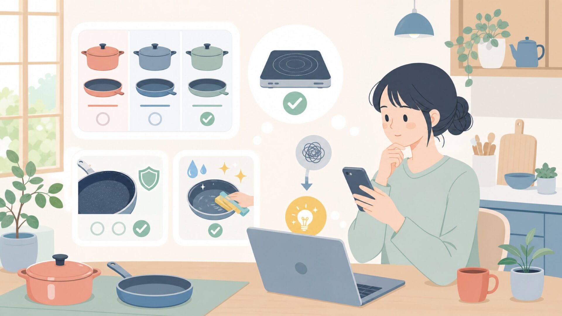 IH対応・コーティング・お手入れのしやすさを確認を表すイラスト