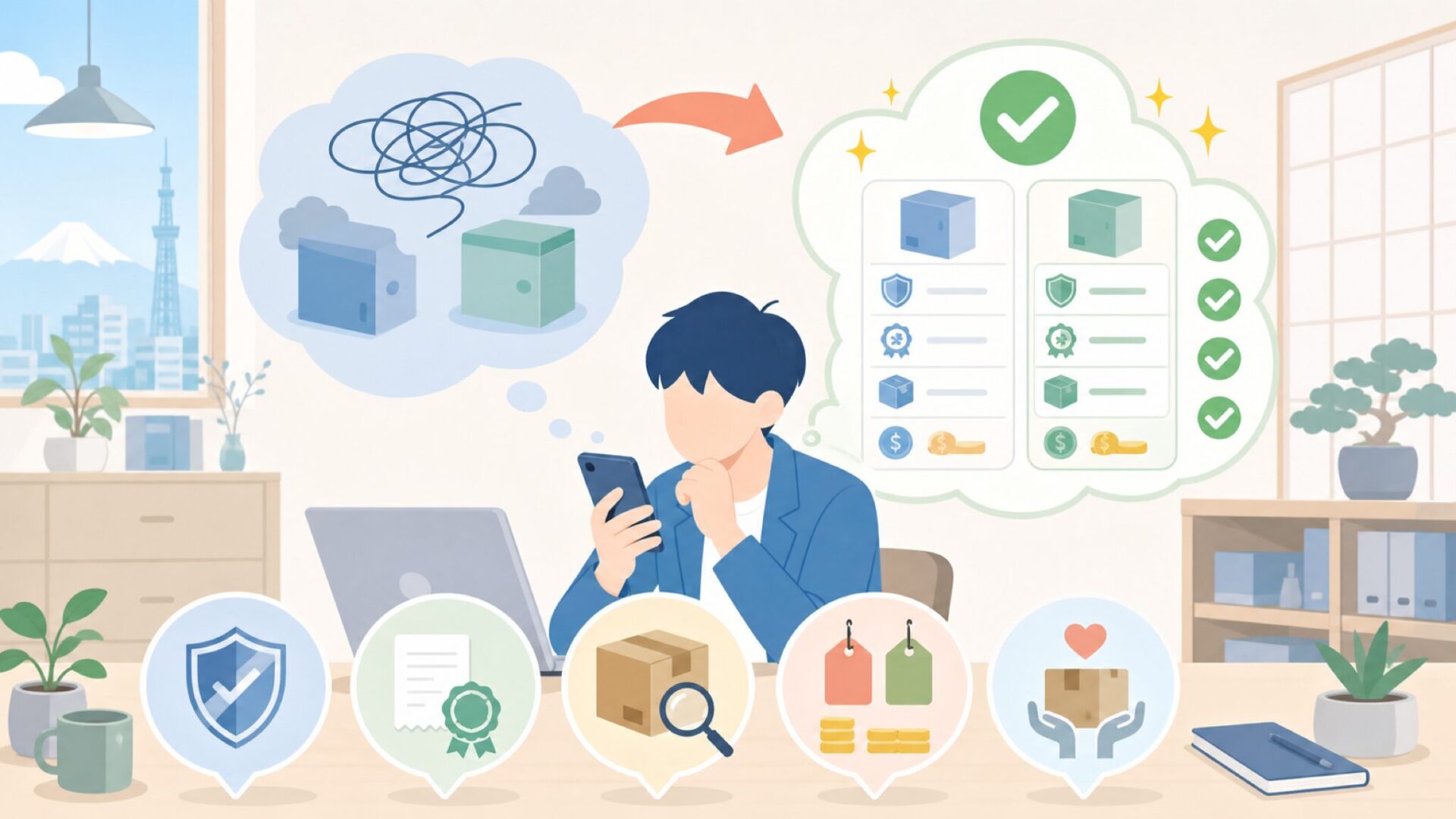 日本で購入するときの確認ポイントを表すイラスト