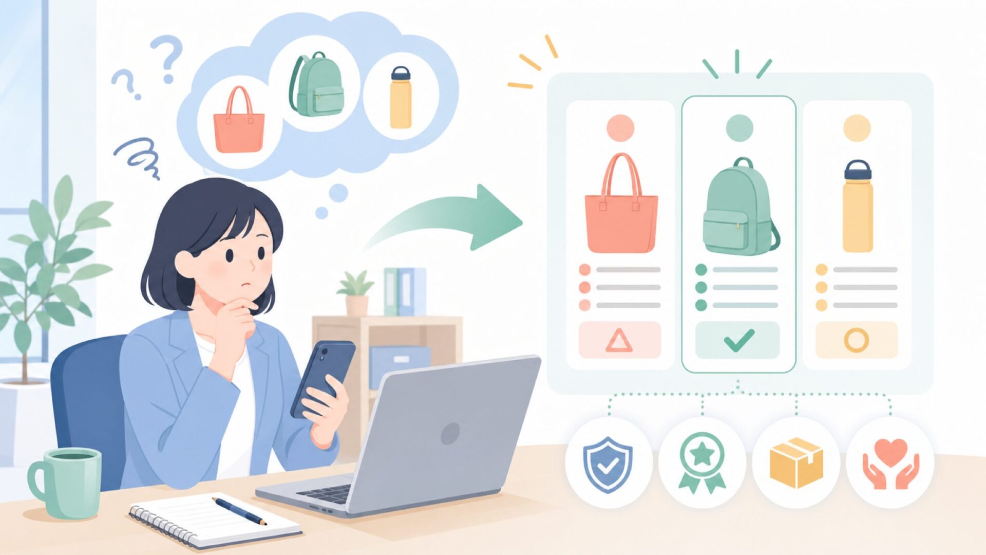 自分の使い道の見極めと購入前チェックポイントを表すイラスト