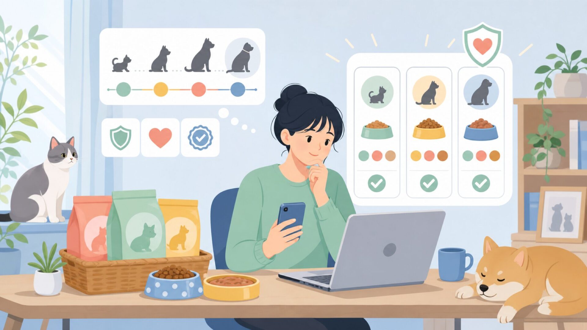 愛犬・愛猫の年齢や好みに合わせた選び方を表すイラスト