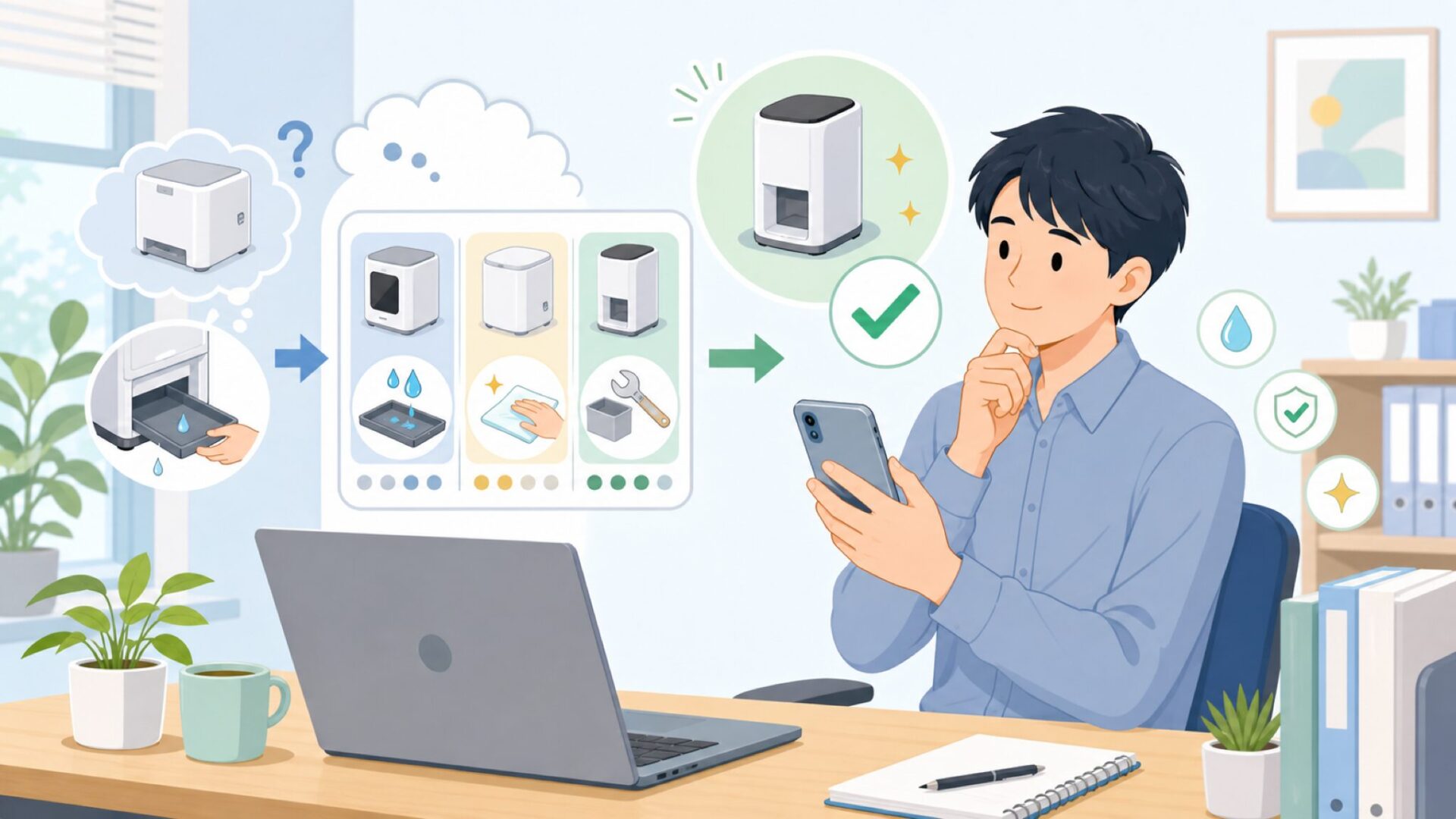 手入れは大変？メンテナンスのしやすさを確認を表すイラスト