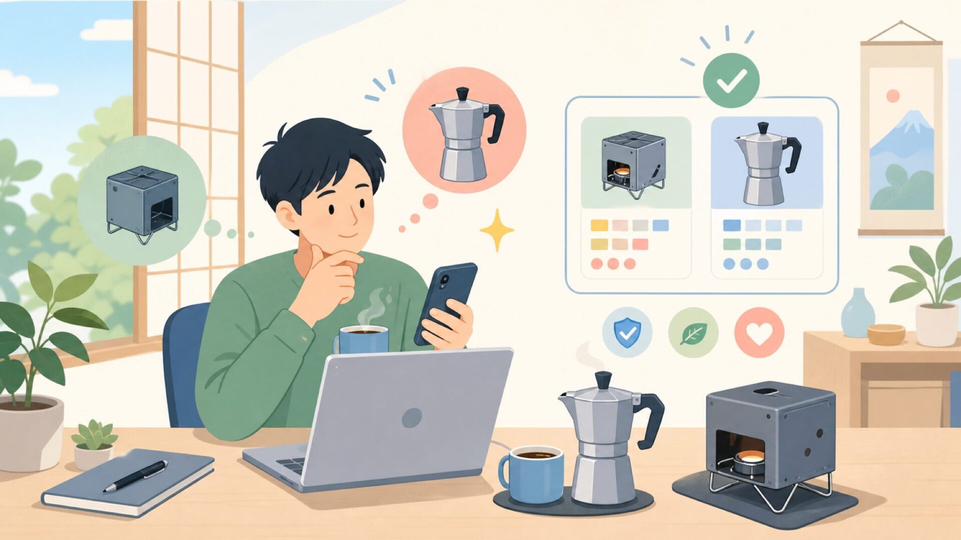 CUBEは料理道具としても優秀 — マキネッタでコーヒーを淹れてみた使用感を表すイラスト