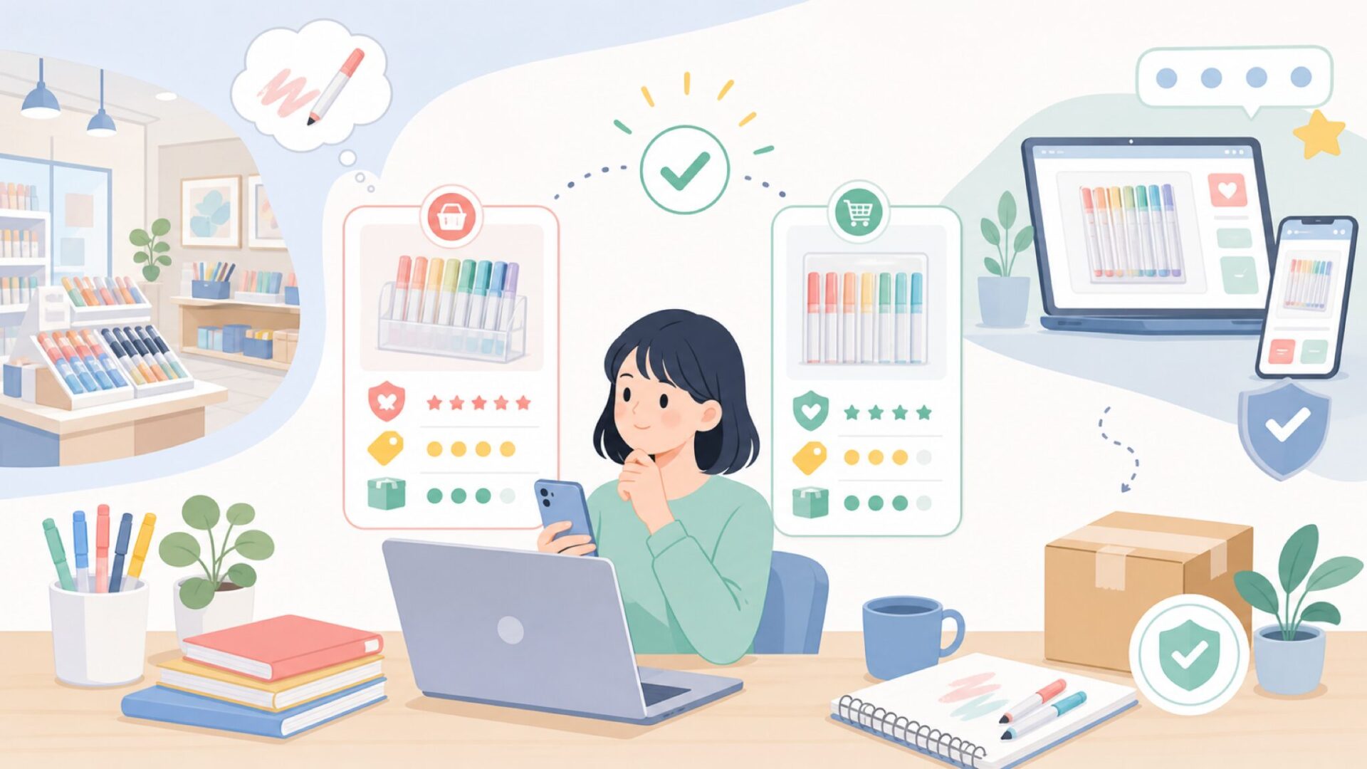 どこで買える?購入先の選び方を表すイラスト