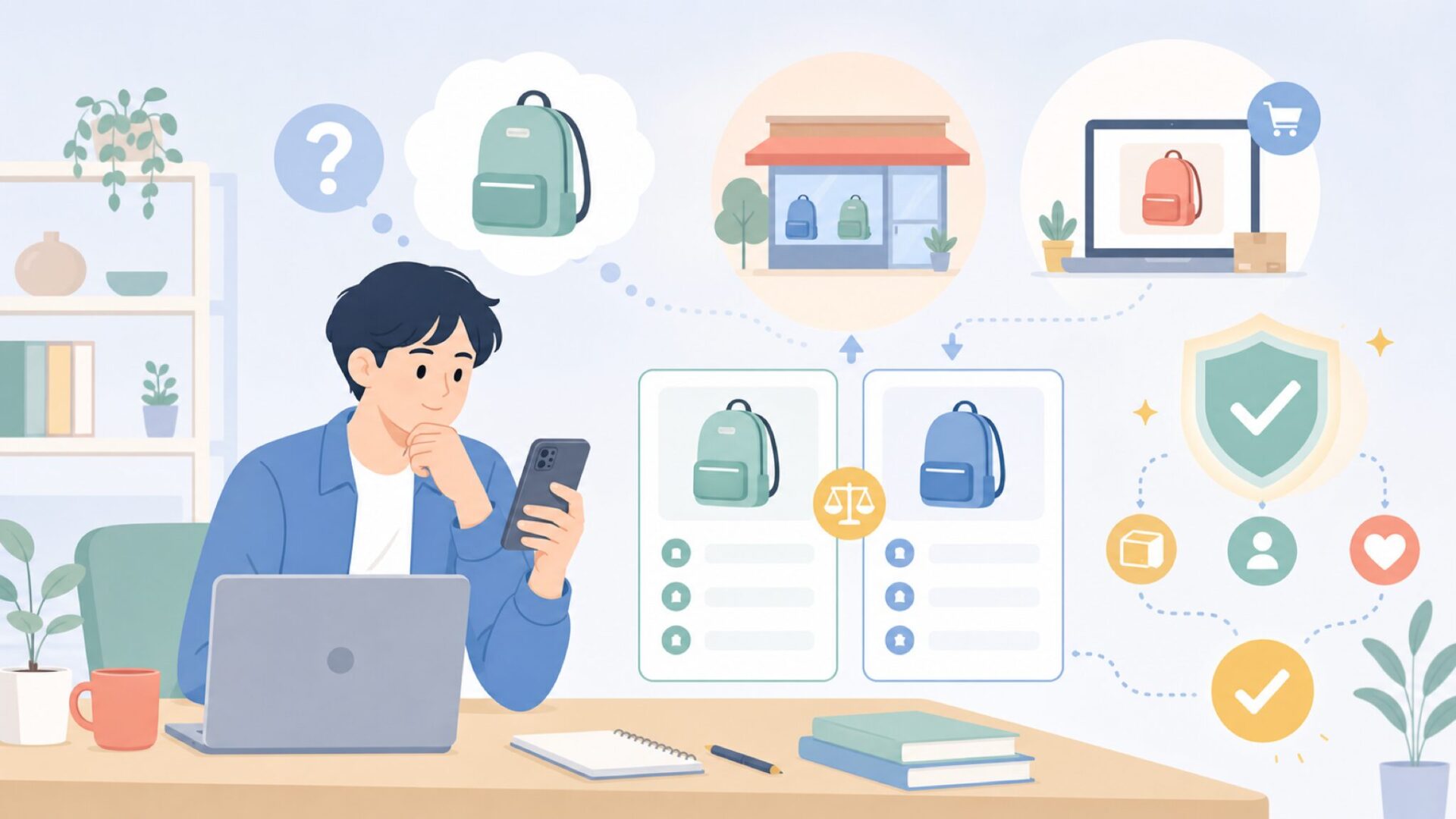 JanSportはどこで買える?店舗と通販の選び方を表すイラスト