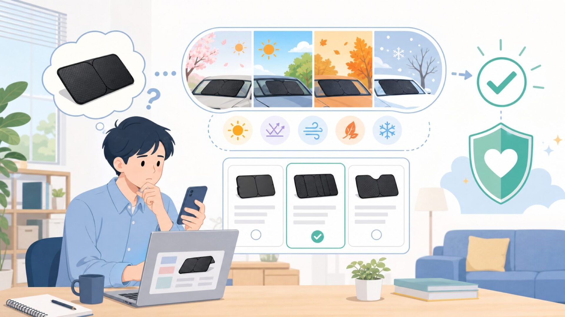 サンシェードは夏だけ？一年中使えるか検証を表すイラスト