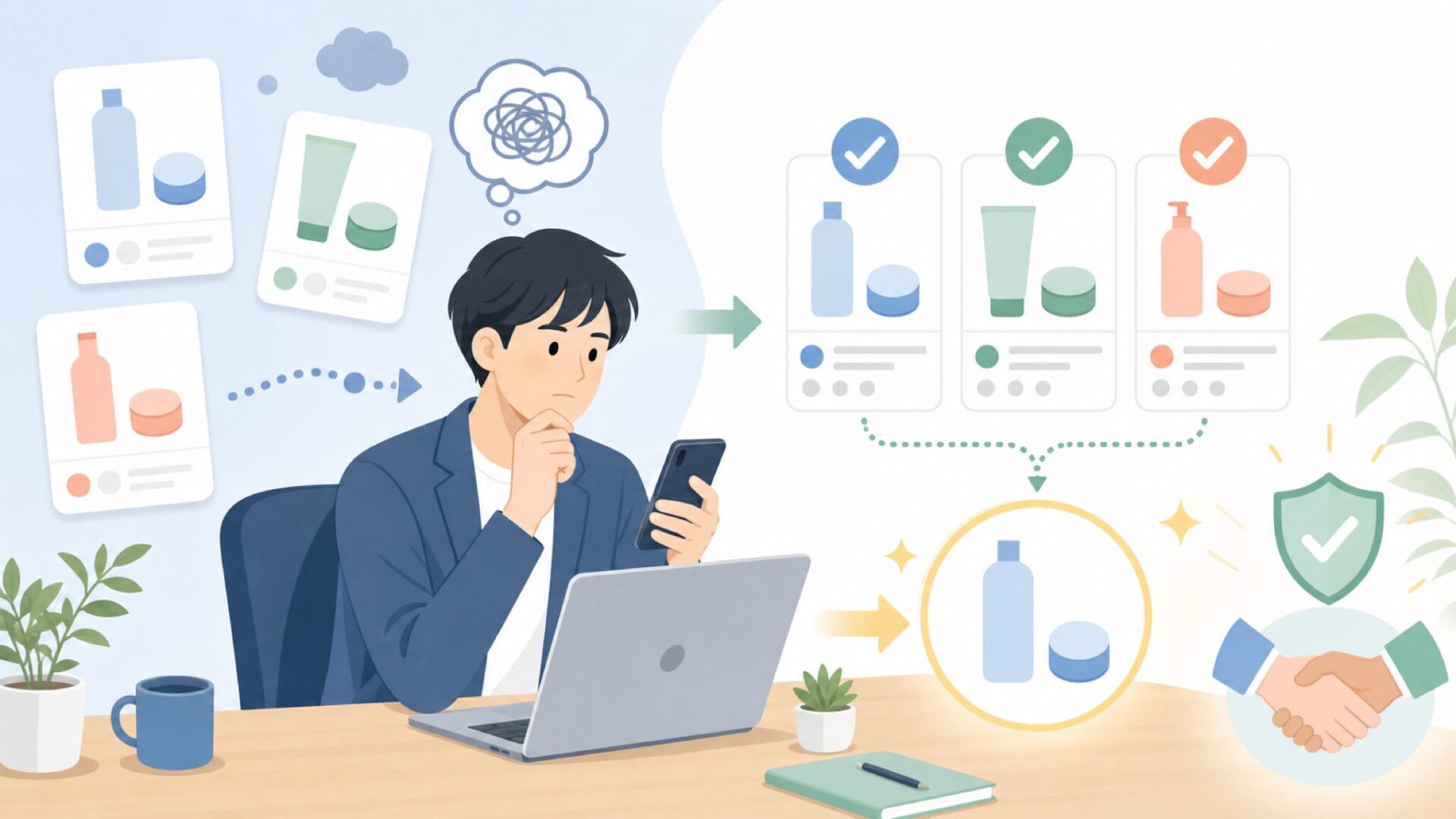 購入前に確認しておきたい3つのポイントを表すイラスト