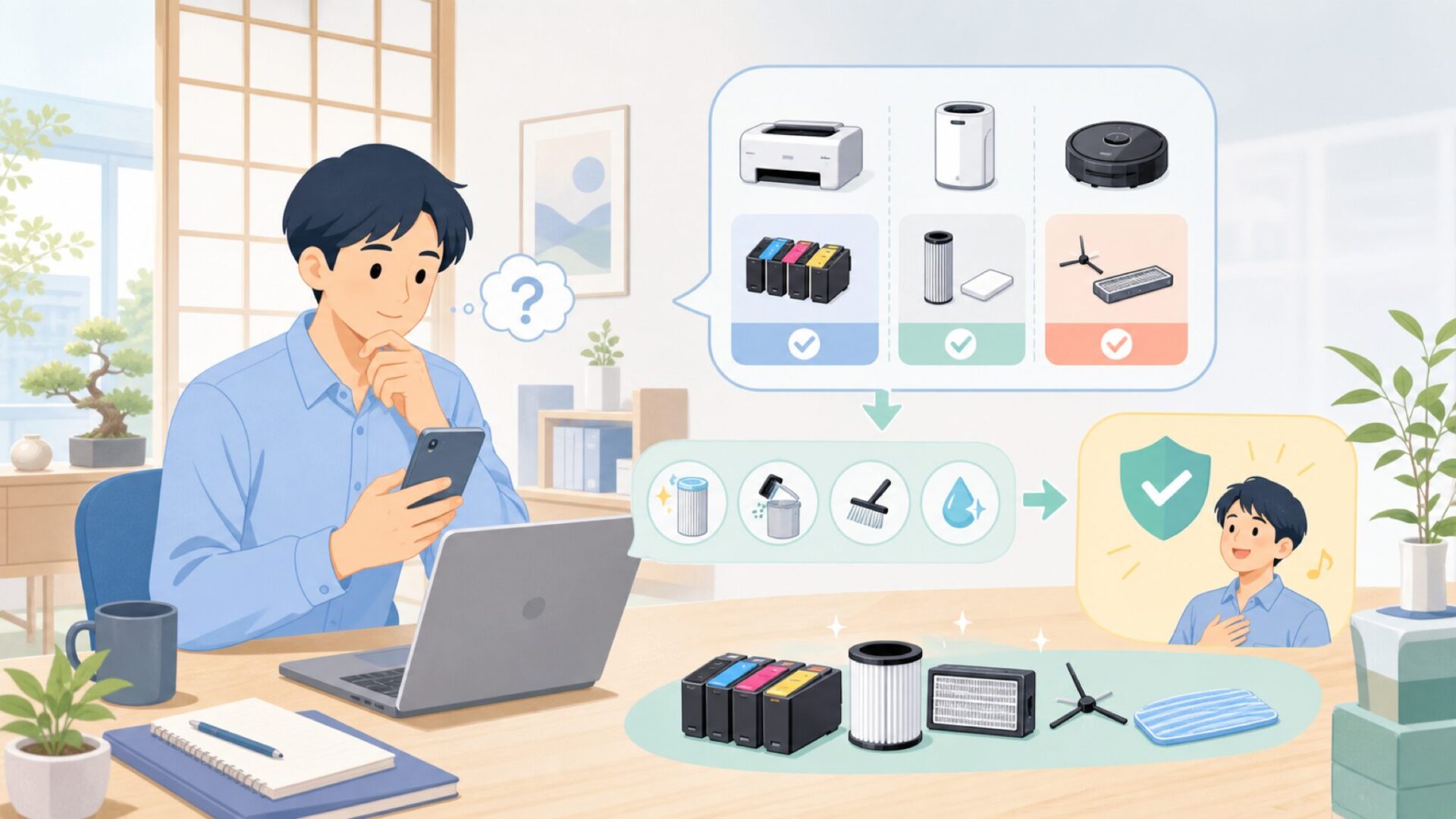 購入後も安心して使うためのメンテナンスと消耗品の知識を表すイラスト