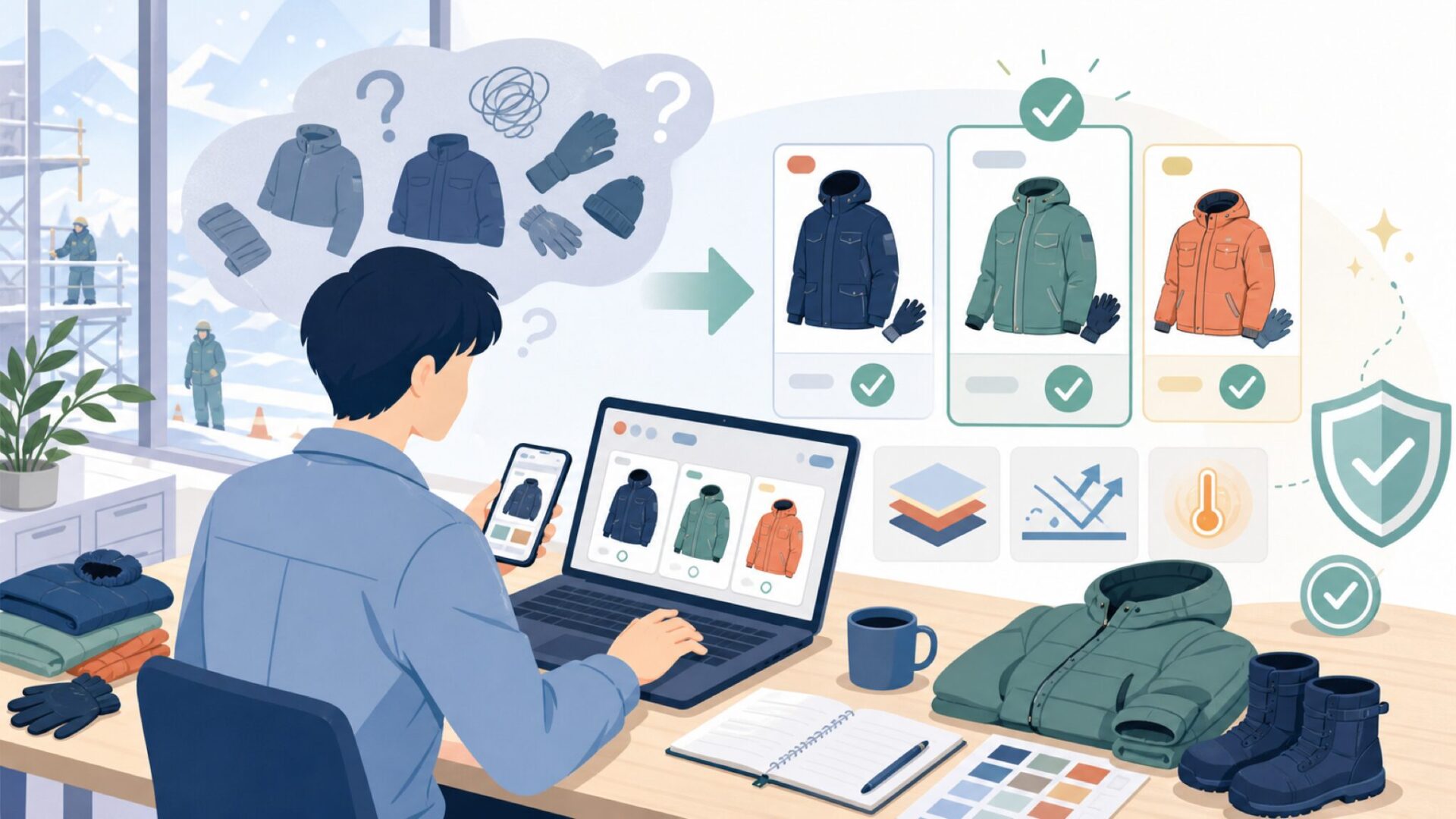 冬の現場を支える桑和の防寒着を表すイラスト