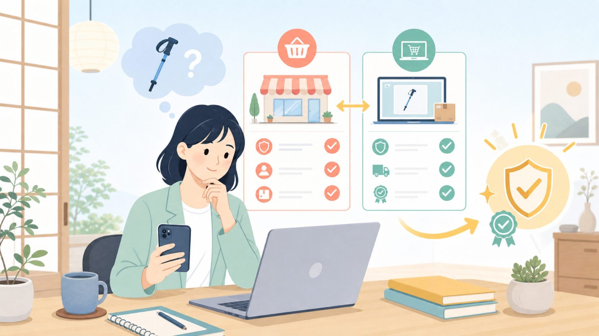 LEKIはどこで買える?実店舗とオンライン購入の注意点を表すイラスト
