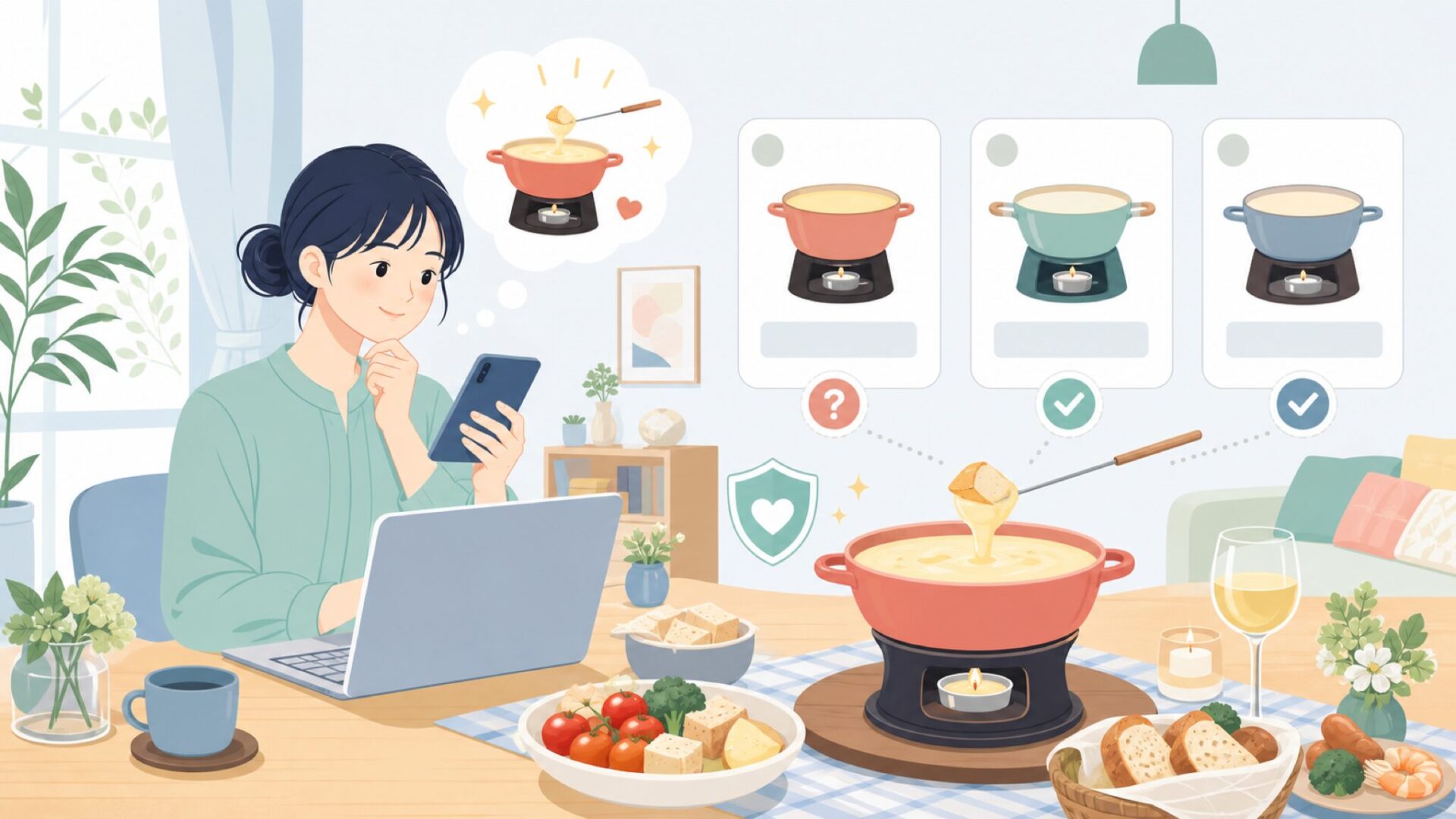 代表アイテム2 フォンデュ鍋 ― おうちで本格チーズフォンデュを表すイラスト