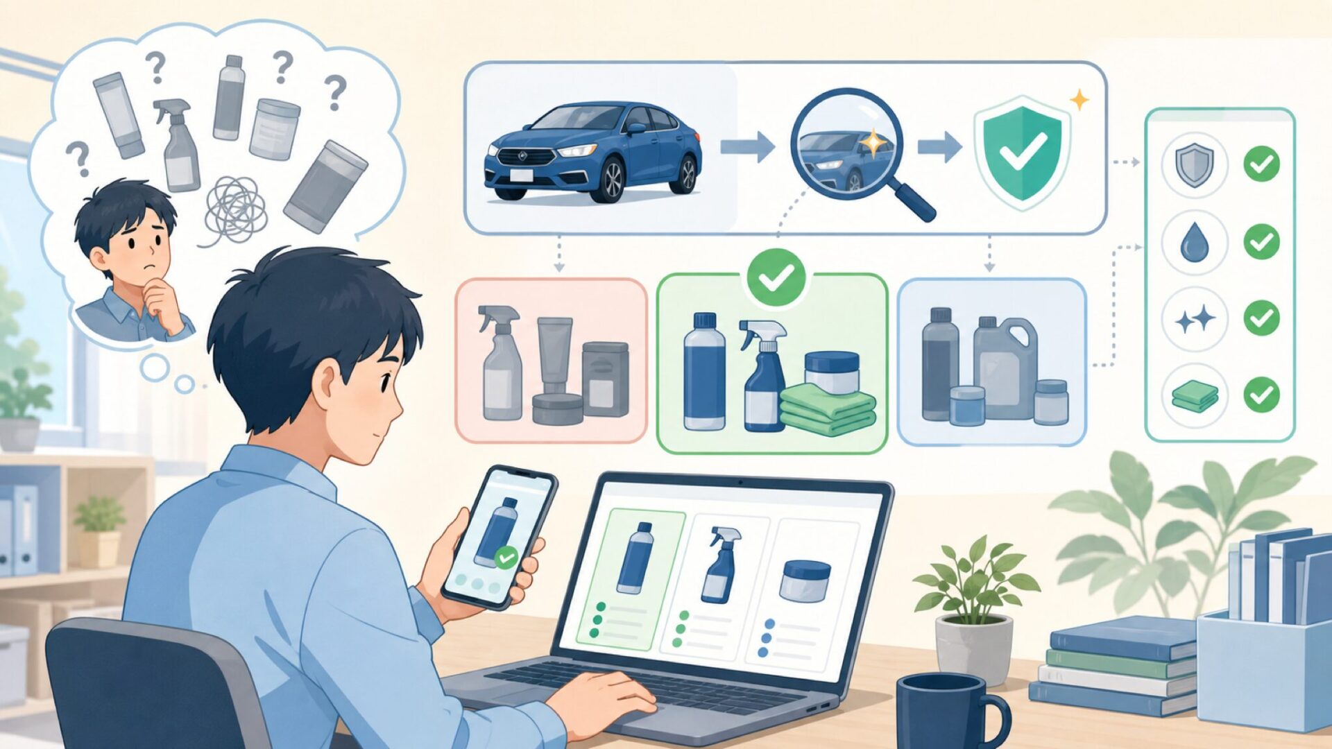 似た商品と混同せず自分に必要なケア用品を選ぶ方法を表すイラスト