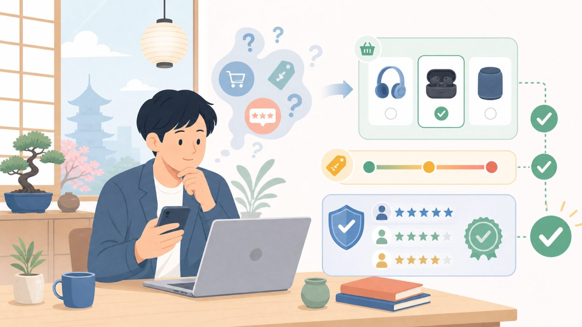 日本での購入先・価格帯・レビューを徹底チェックを表すイラスト