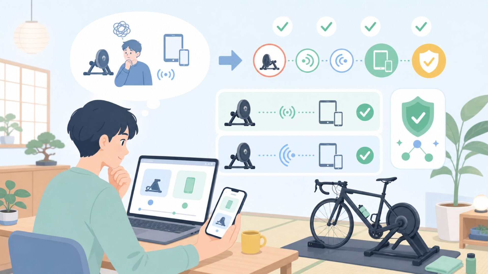 購入後の一歩目、ZWIFT接続でつまずかないためにを表すイラスト