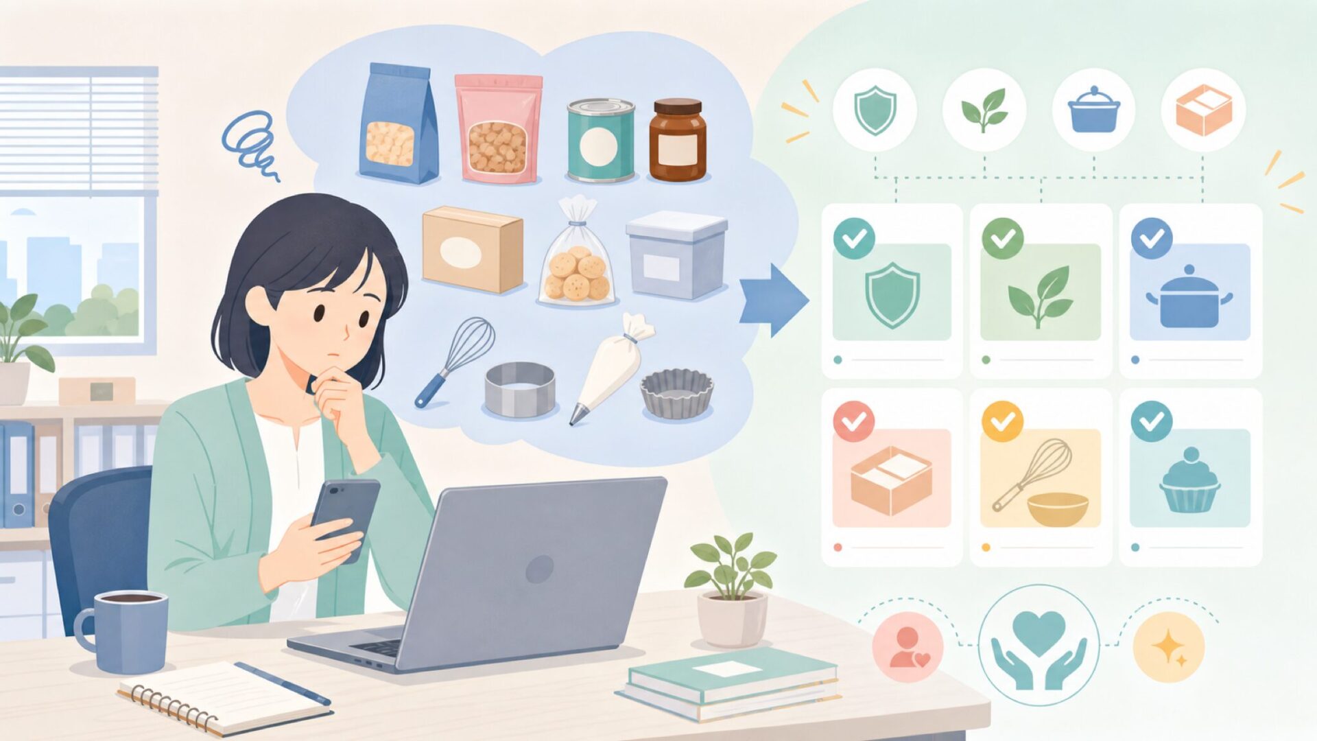 海外製の製菓用品・食材を選ぶときの注意点を表すイラスト