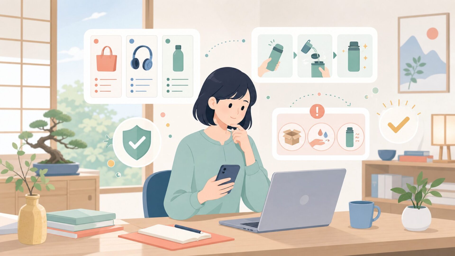 購入前に知っておきたい使い方と注意点を表すイラスト