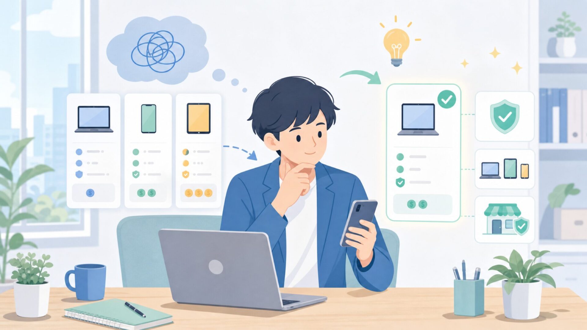 購入前に押さえたいポイント — 価格・対応機種・信頼できる入手先を表すイラスト